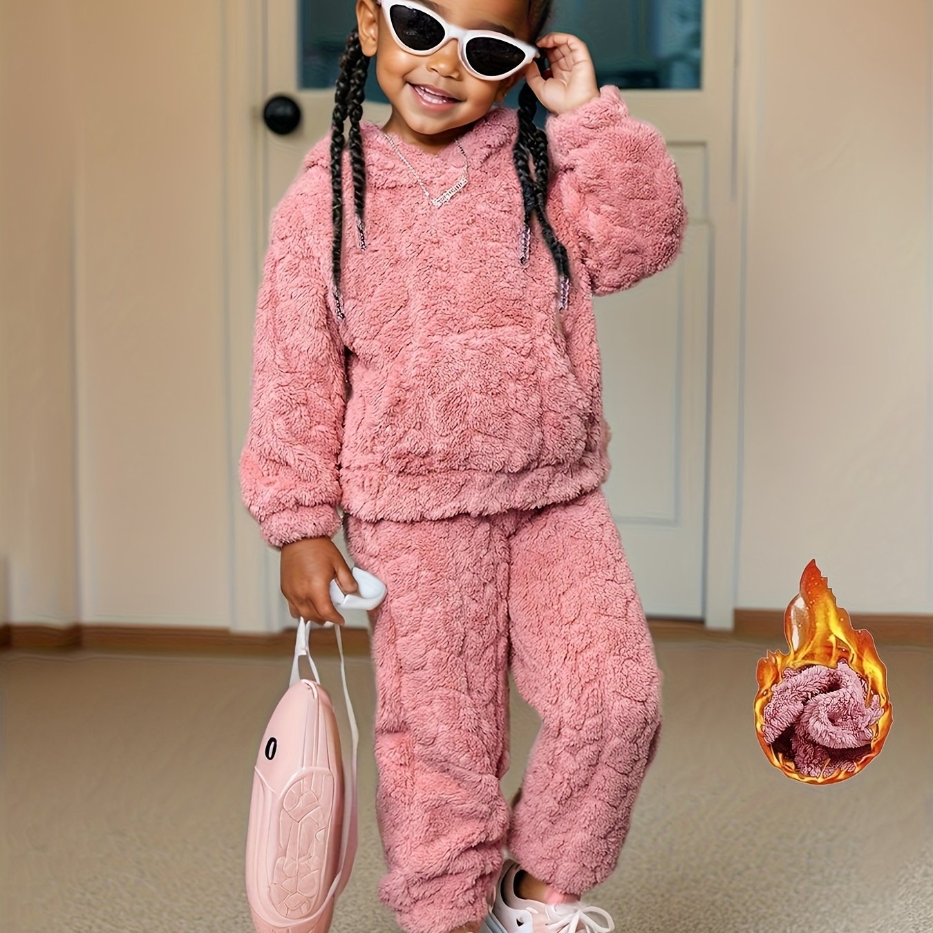 Fashionable Plush Hoodie Set, Warm Winter Sweatshirt And Pants Set, Girls' 2pcs Set, Fashionable Pullover Top & Pants Set, Cold Weather Clothing, Seasonal Outfit, Casual Fashion, Stylish Wear, Comfortable Material, Plush Fabr