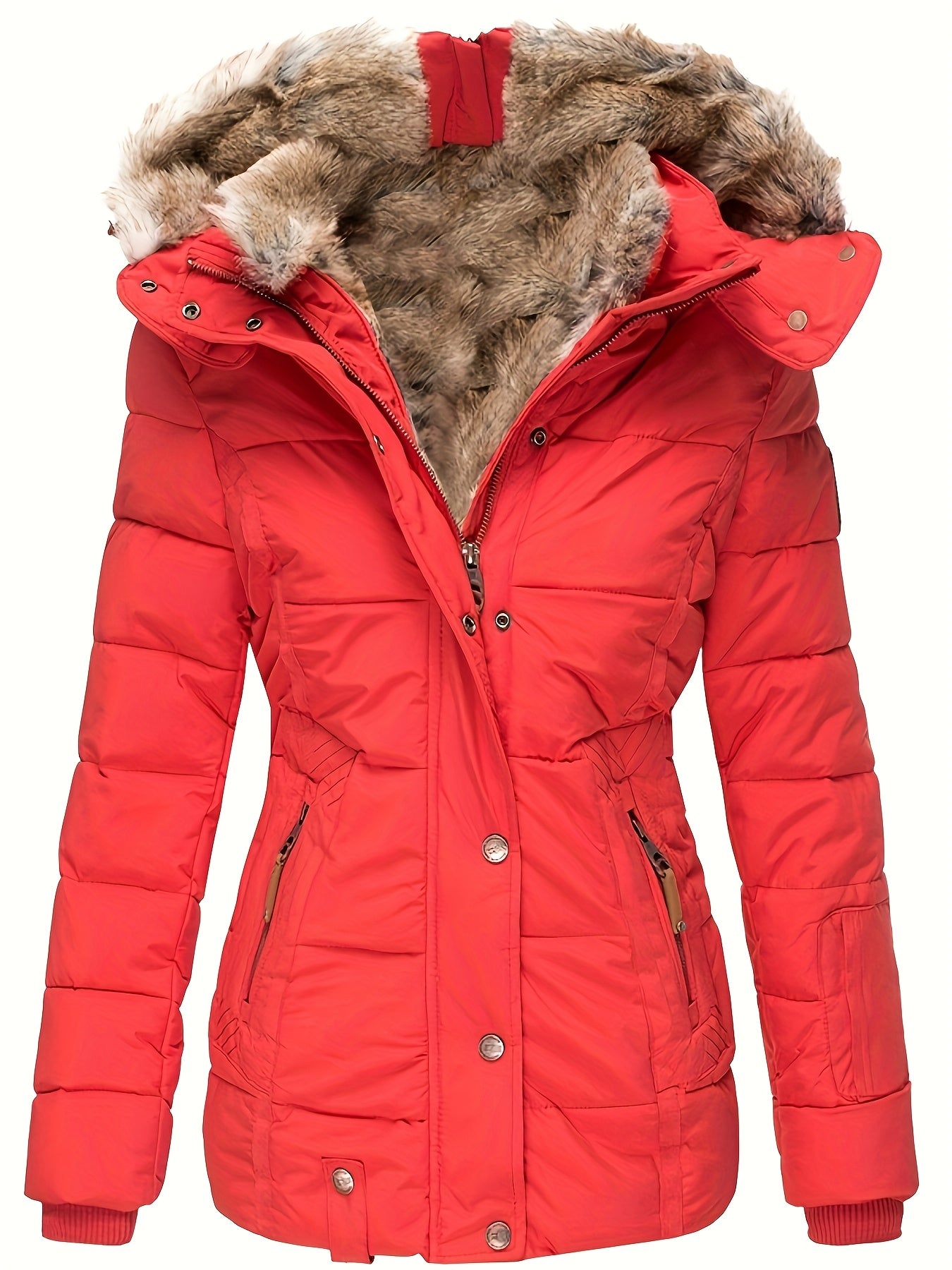 Plus Size - Women'S Winter Warm Hooded Coat with Luxurious Fur Collar & Full-Zip Closure - Slim-Fit Long Sleeve Jacket, Plus Size Cold-Weather Outerwear, /Navy, Casual to Formal Outfits, Non-Stretch Fabric, Easy On/Off Zipper