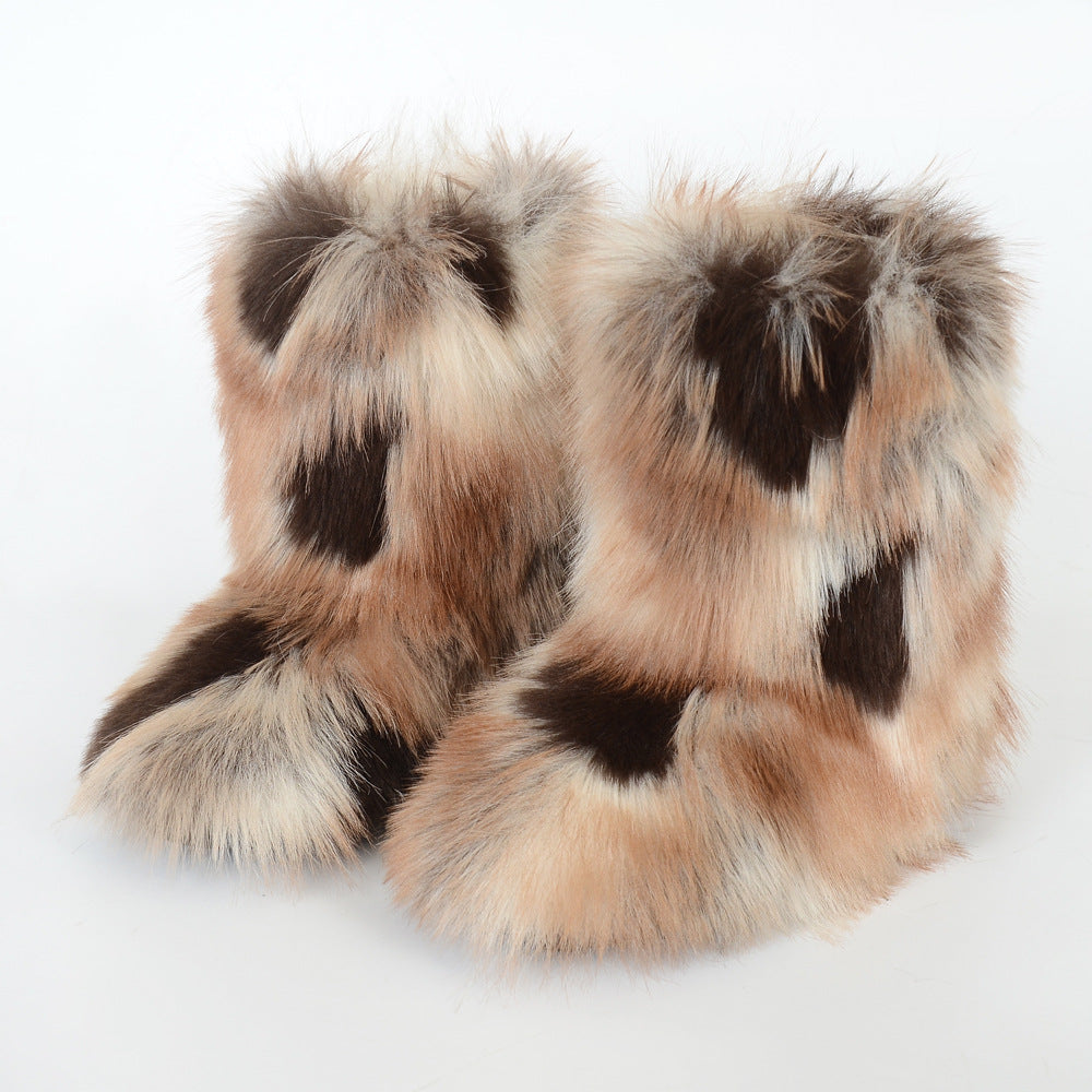 Women's Y2K Style Winter Snow Boots with Multi-Tone Faux Fur - Thick Platform Sole Warm Round Toe Slip-On Footwear, Rubber Outsole for Ice & Snow, Luxury Plush Boots for Cold Weather (Cozy Casual)