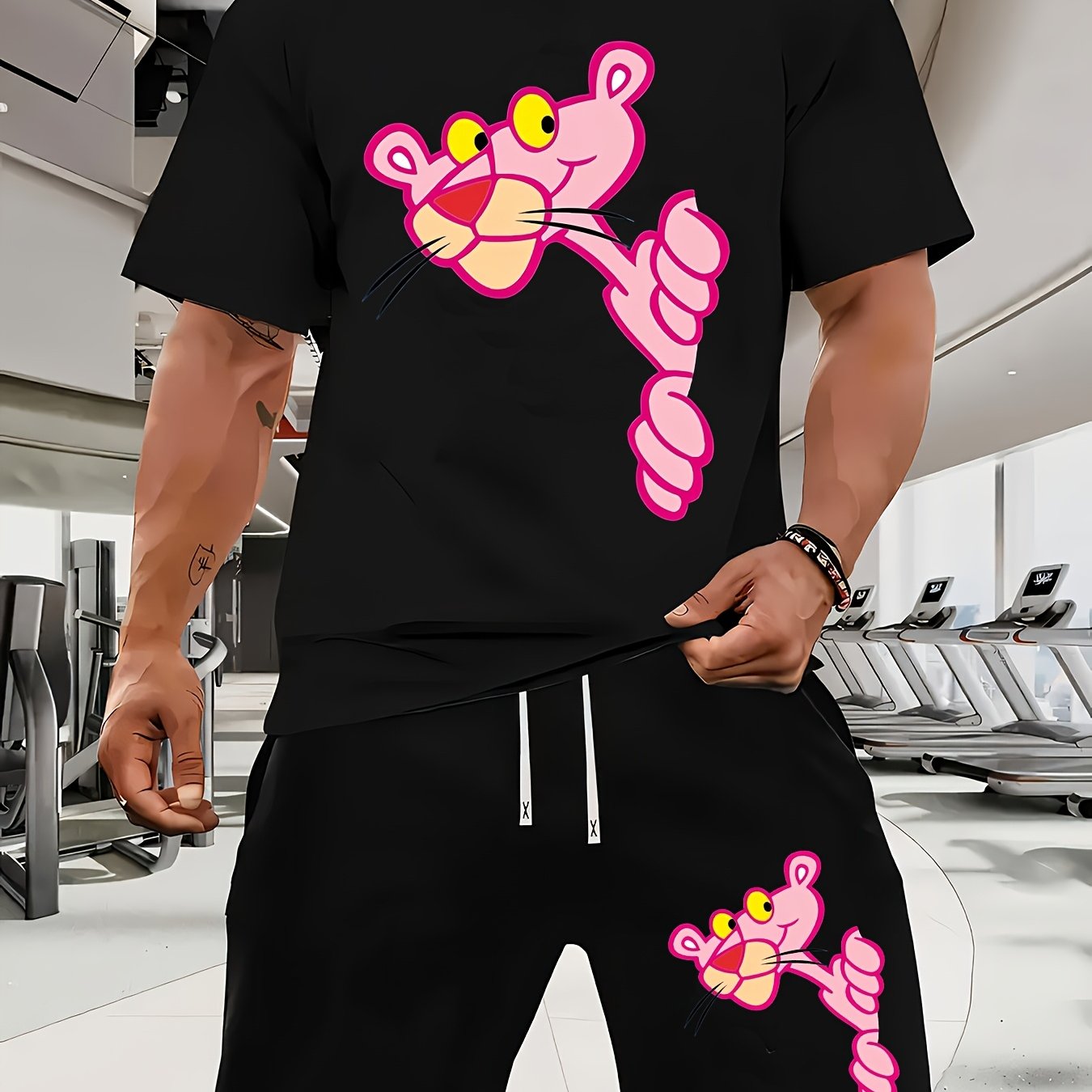 A Casual Sports Set Consisting of a Short-Sleeve T-Shirt Featuring a Stylish Pink Panther Cartoon Print And Fitted Shorts, Perfect for Spring And Summer Outfits.
