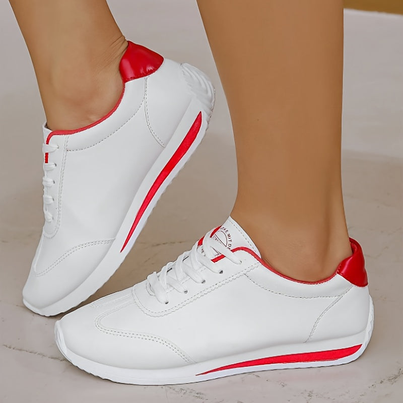Women's Sneakers, Lace-Up Low-Top with Arch & Cushioned EVA Foam, -like Texture, White & Red Glossy Accent, All-Season Casual & Light Sports Shoes, Stylish White with Red Trim, White/Pink/Black Color Options, Korean Fashion-I