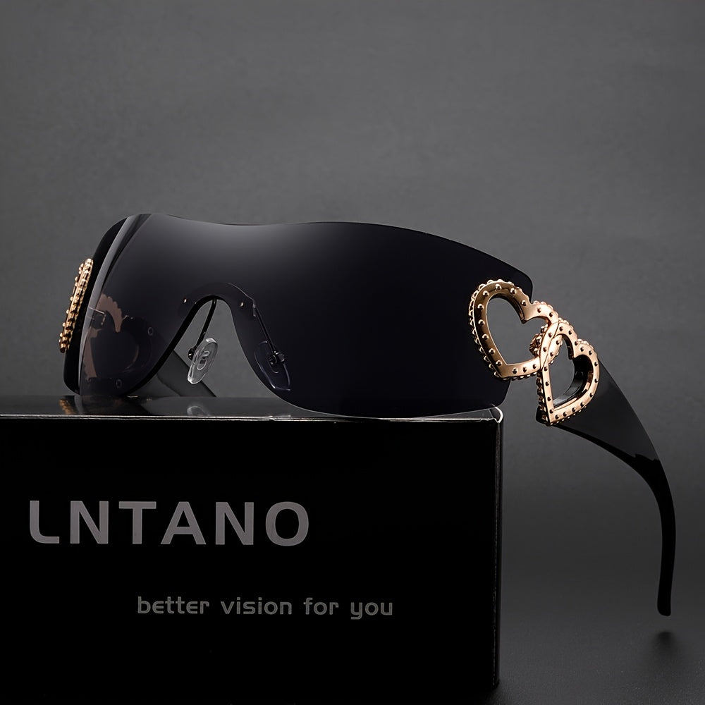 Y2K Heart-Shaped Fashion Glasses for Women - Lightweight Frameless Hollow Design with Rose Golden Heart Decoration, Dark Lenses, Stylish & Protective, Perfect for Fashion Accessories, Fashion Glasses