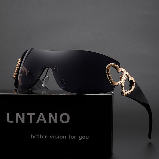 Y2K Heart-Shaped Fashion Glasses for Women - Lightweight Frameless Hollow Design with Rose Golden Heart Decoration, Dark Lenses, Stylish & Protective, Perfect for Fashion Accessories, Fashion Glasses