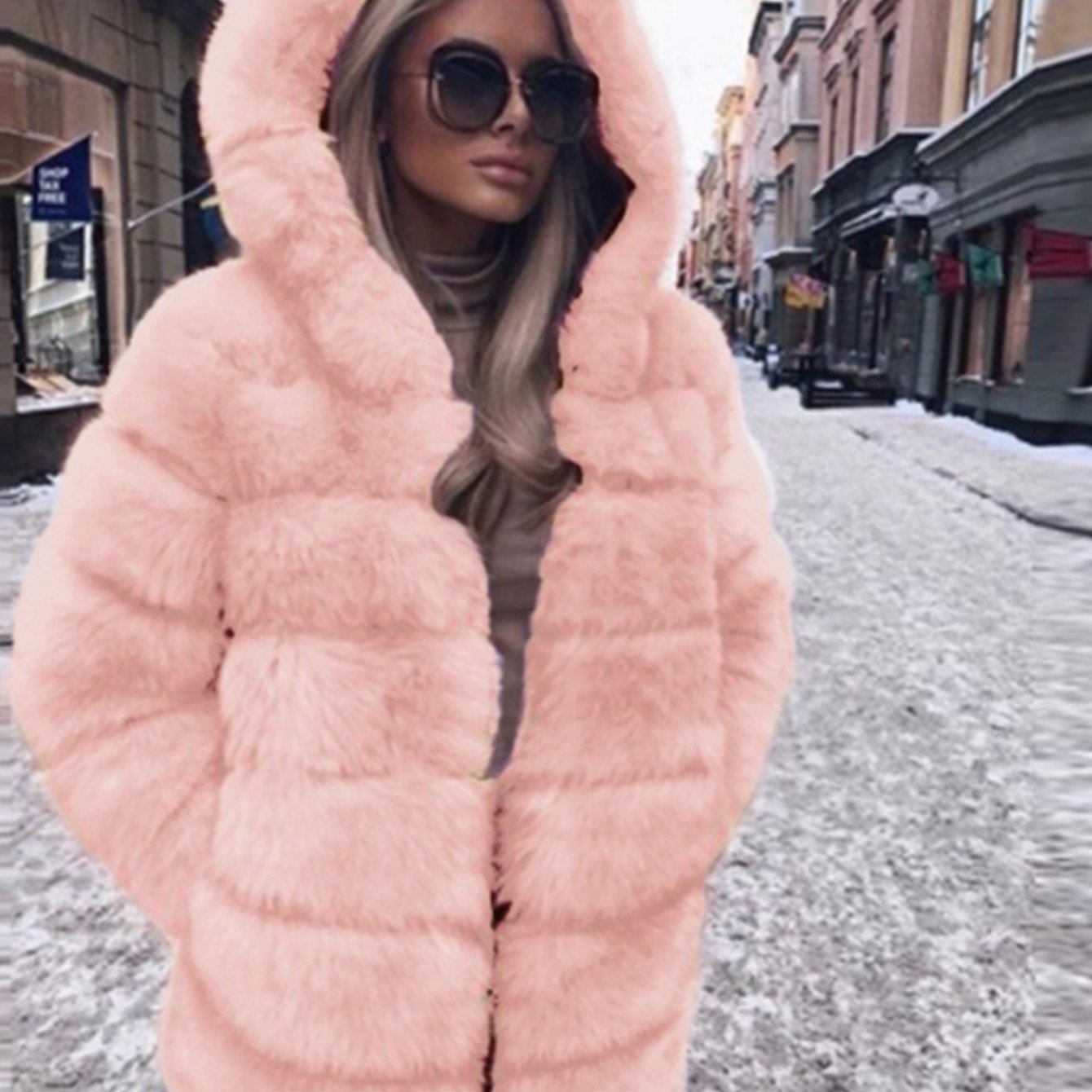 Plus Size, HERTALK Women's Plus Size Pink Faux Fox Fur Coat - Hooded Winter Jacket with Collar, H-Line Silhouette & Full-Length Hem Slit - Luxurious Imitation Fur Outerwear (Pink/) - Machine Washable