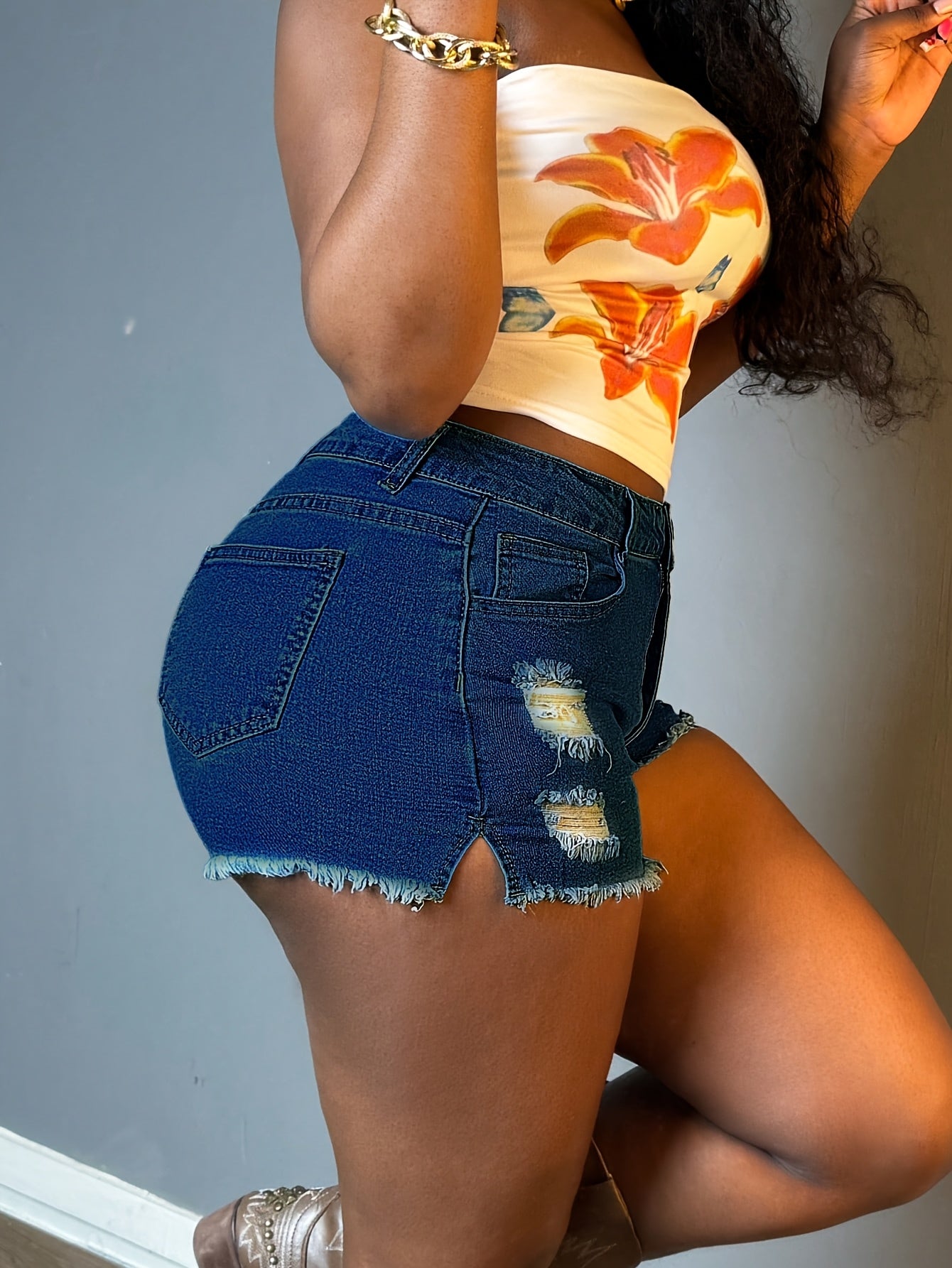 Women Fashion Ripped Denim Shorts | Stretchy Blue Shorts with Raw Hem, Sexy Casual Style, Summer Chic, Zipper Fly Closure, Mid Waist