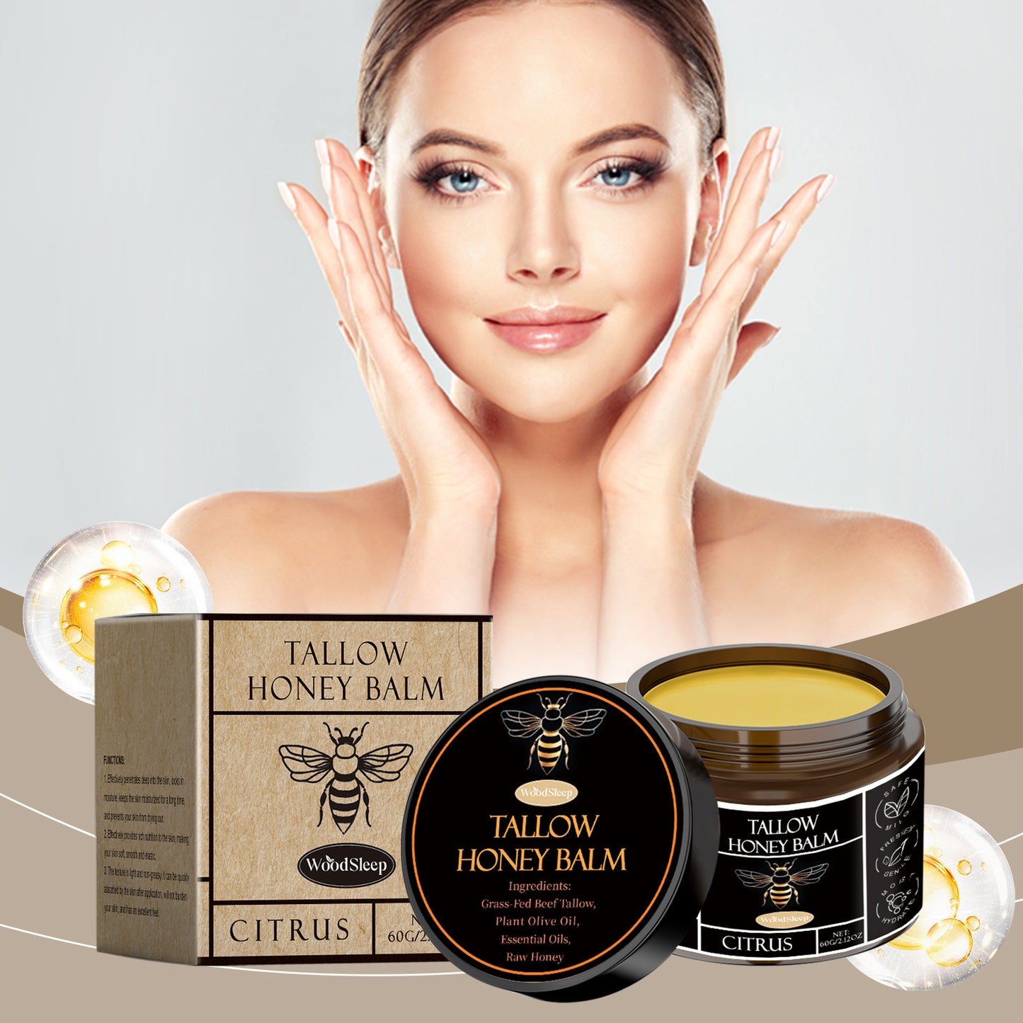 Organic Grass-Fed Beef Tallow Balm with Raw Honey, Smooth Light Beige - Handmade All-Natural Moisturize