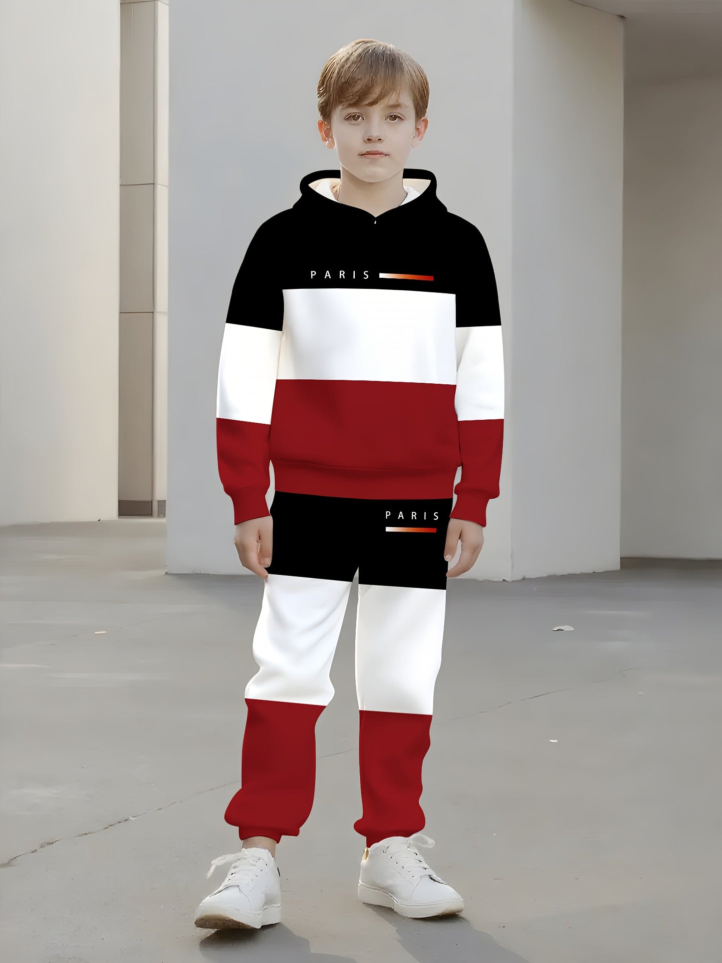 Boys' 3D black, white, and red striped print regular tracksuit suit for the spring and fall back-to-school season - hoodie and casual pants suit for children 13 and under, outdoor activities, sweatshirts and sweatpants, Perfe