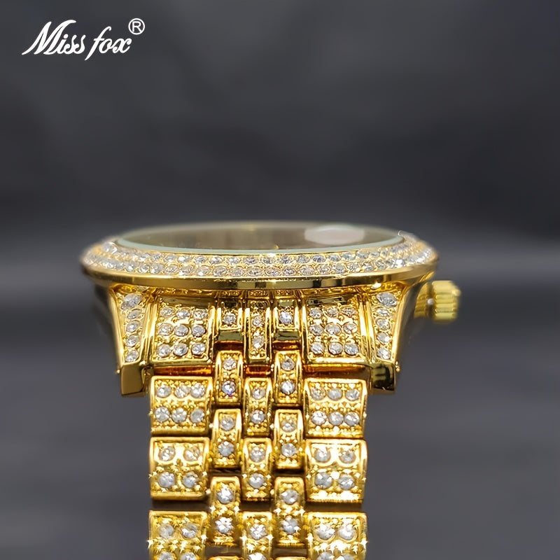 Men's Luxury Hip-Hop Watch with Sparkling Rhinestones, Quartz Movement & Date Calendar - Golden-Tone Metal -Accented Band, Battery-Powered for Parties, Dates, Valentine's Day Gifts, Hip Hop Jewelry, Date Night Watch, Rhinesto