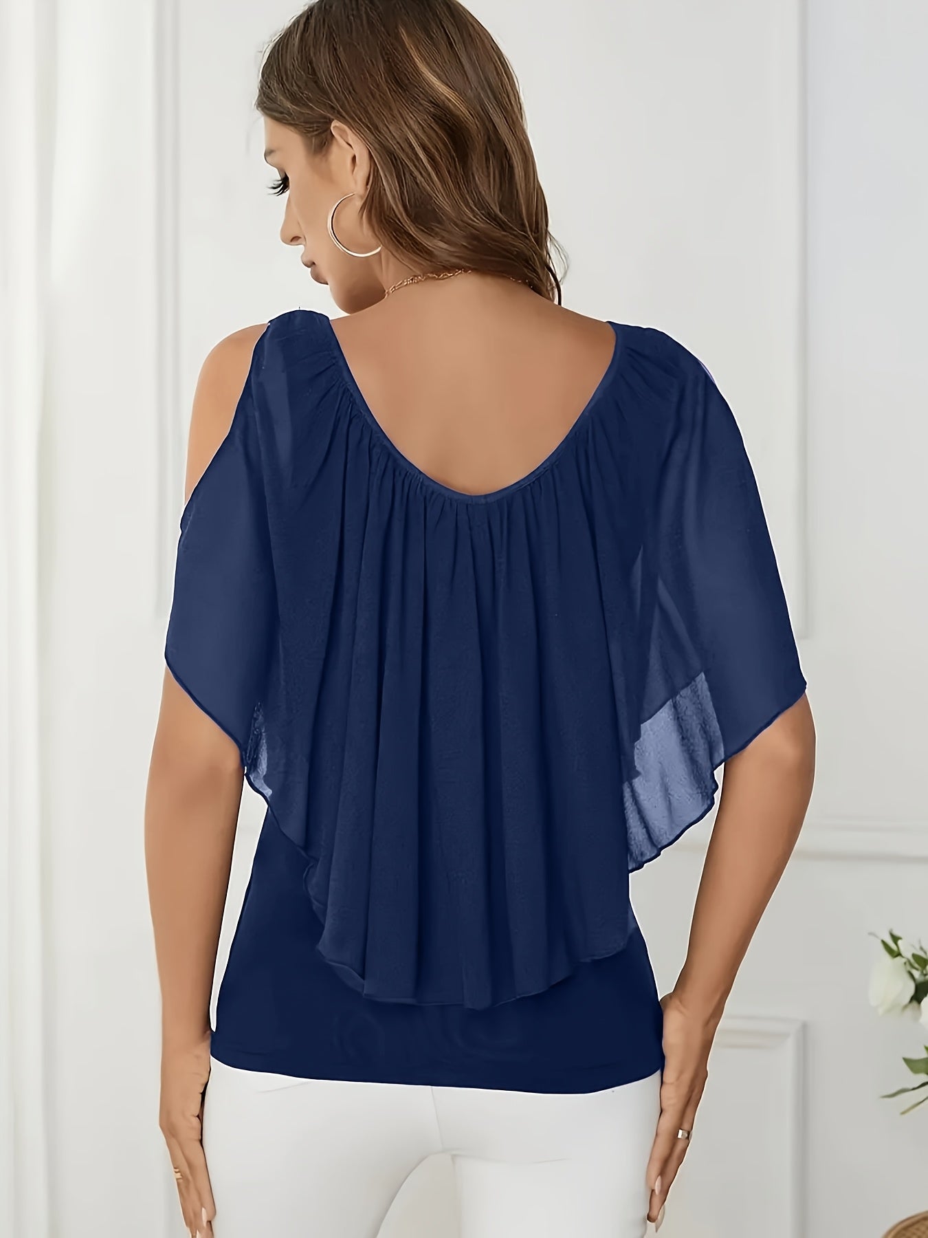 Plus Size - New Spring And Summer Plus-Size Women'S Solid Color Asymmetrical Hem Off-Shoulder Ruffled Chiffon Blouse
