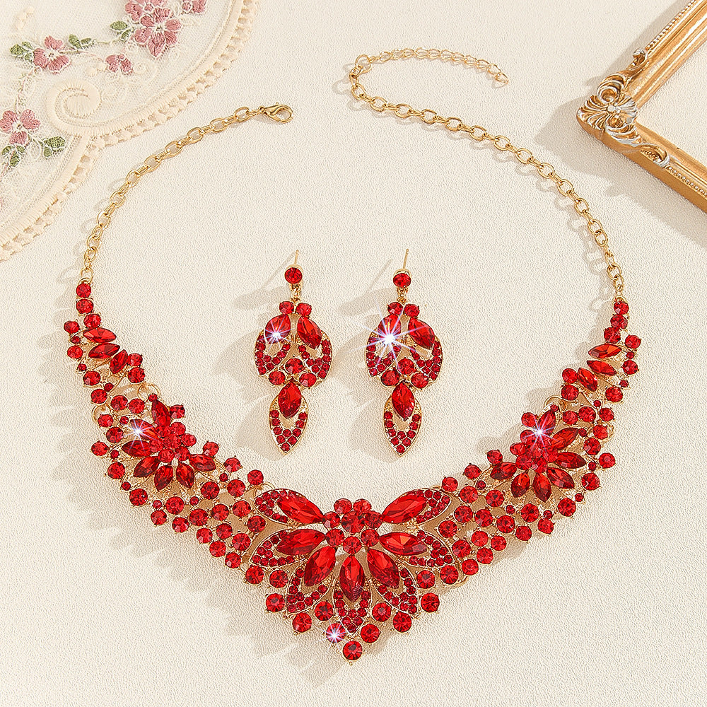 2pcs Bold Red Lab-Created Artificial Crystal Necklace& Earrings Set, Bridal Wedding Jewelry Gift for Women, Statement Anniversary Valentine's Day Accessories for Bride, Luxe Artificial Crystal Bridesmaid Set
