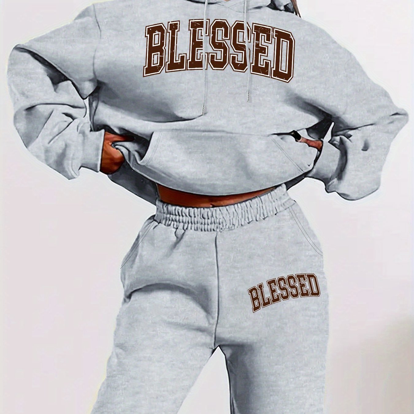 Women'S Casual Two-Piece Set - "Blessed" Print Hoodie & Sweatpants, Cozy Fall/Winter Outfit with Drawstring Waist, Long Sleeve Pullover & Joggers, Casual Wear, |casual Style|drawstring Waistband, Sweater Set