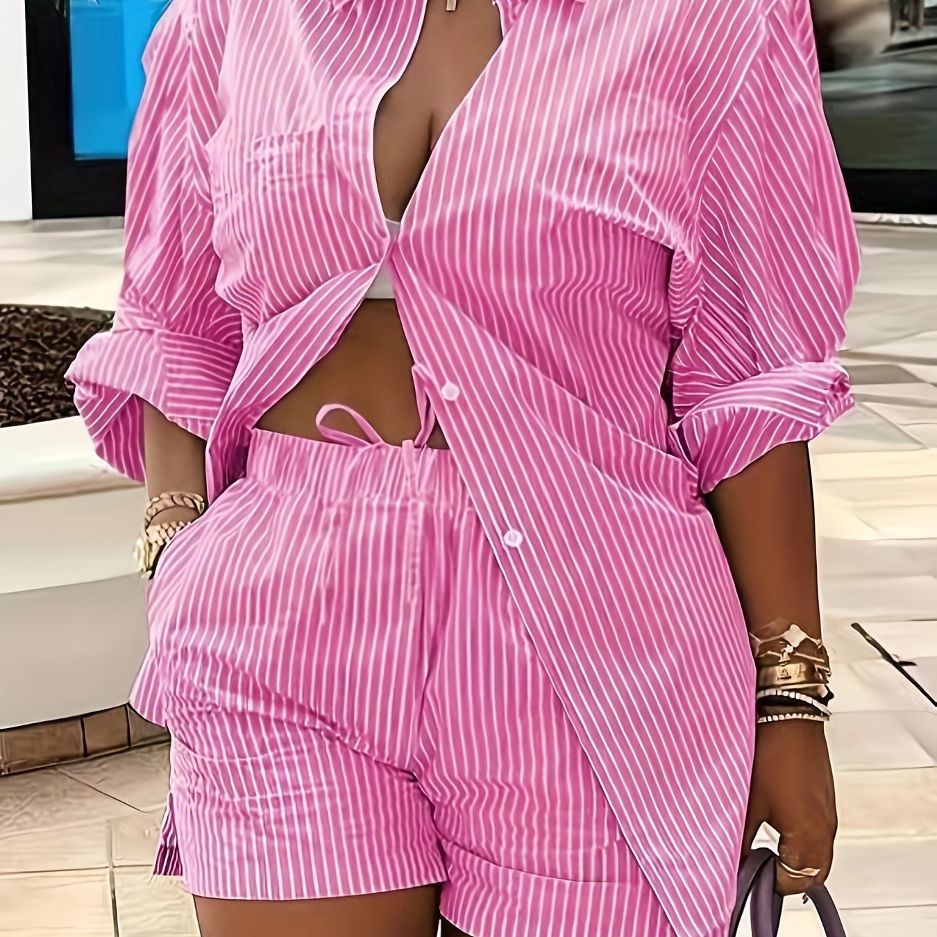 Plus Size Women's Chic Striped Print Two-Piece Set-Long Sleeve Button Shirt and Elastic Waist Shorts with Pockets, Perfect for Spring and Summer Fashion Casual Outings