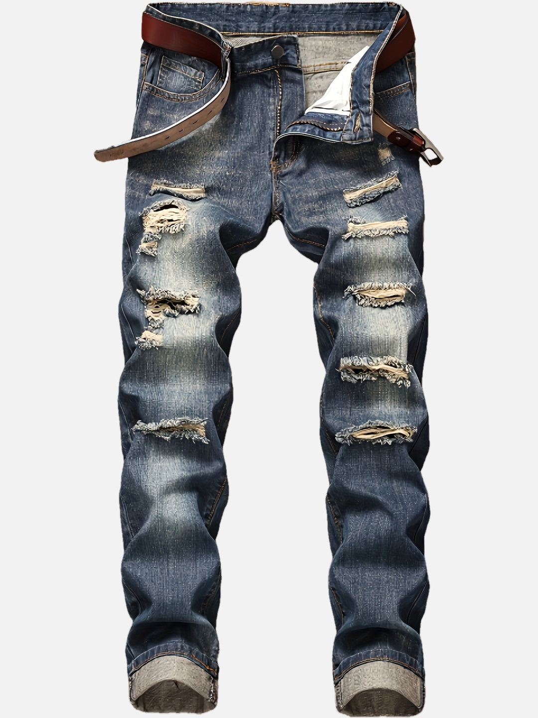 [Dark Blue Slim Fit Jeans] Dark Blue Slim Fit Ripped Straight Leg Jeans - Men's Casual