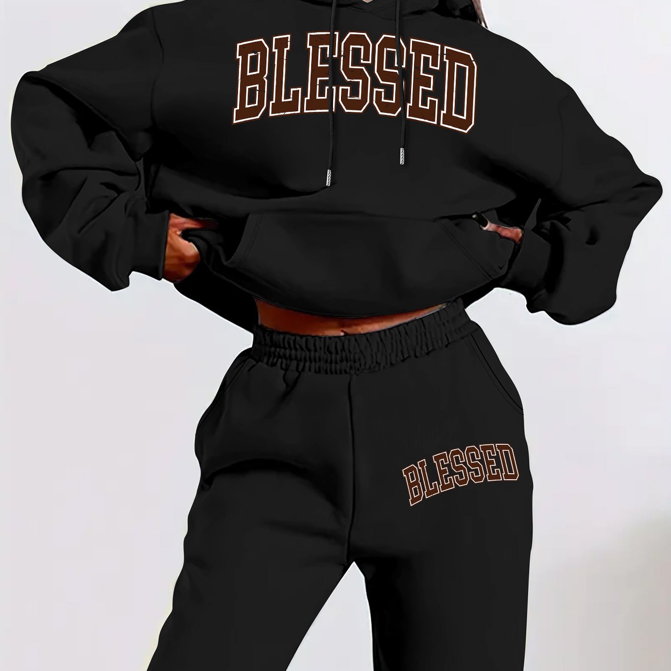 Women'S Casual Two-Piece Set - "Blessed" Print Hoodie & Sweatpants, Cozy Fall/Winter Outfit with Drawstring Waist, Long Sleeve Pullover & Joggers, Casual Wear, |casual Style|drawstring Waistband, Sweater Set