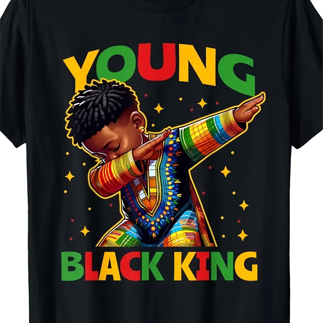 'Young Black King' Youth Celebration-Shirt- Vibrant African and Black History Month Design, Crew Neck, Short Sleeve, Washable- Suitable Boys and Girls