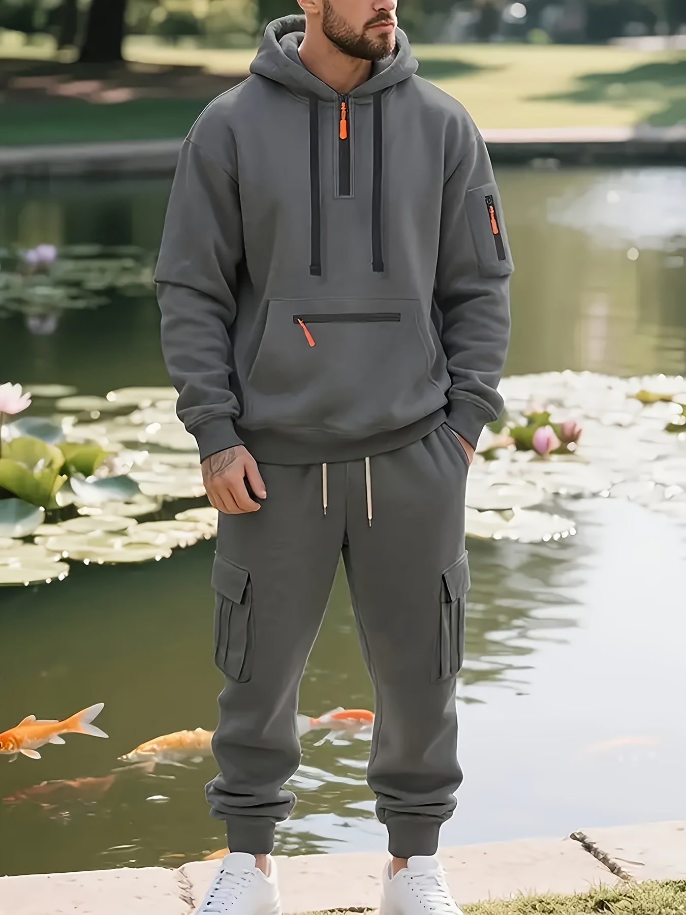 Men'S Style Casual Sportswear Set - Thickened Hooded Sweatshirt & Joggers with Pockets, Long Sleeve, Regular Fit, Solid Color, Button Detail, Fall/Winter Collection