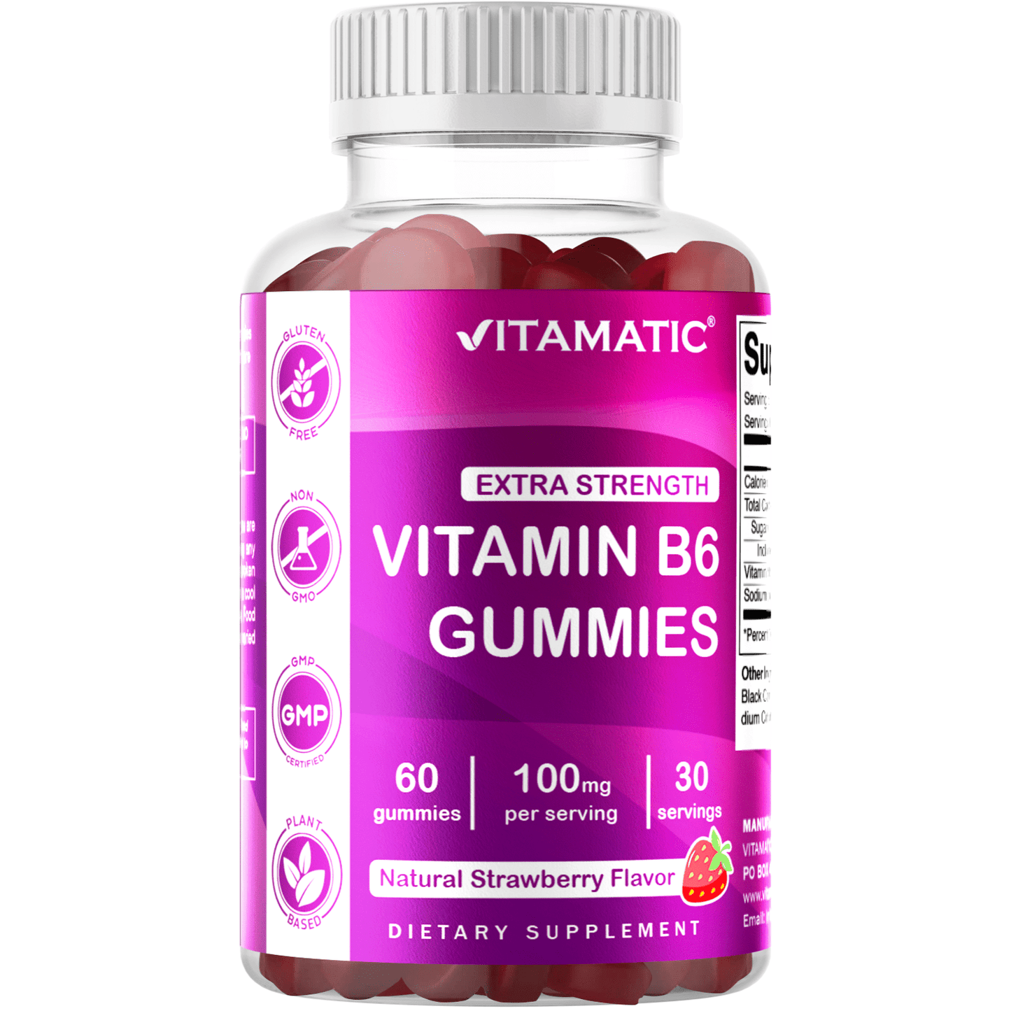 Vitamatic Vitamin B6 100mg - Berry Flavor - 60 Pectin Based Gummies - Supports Nervous System