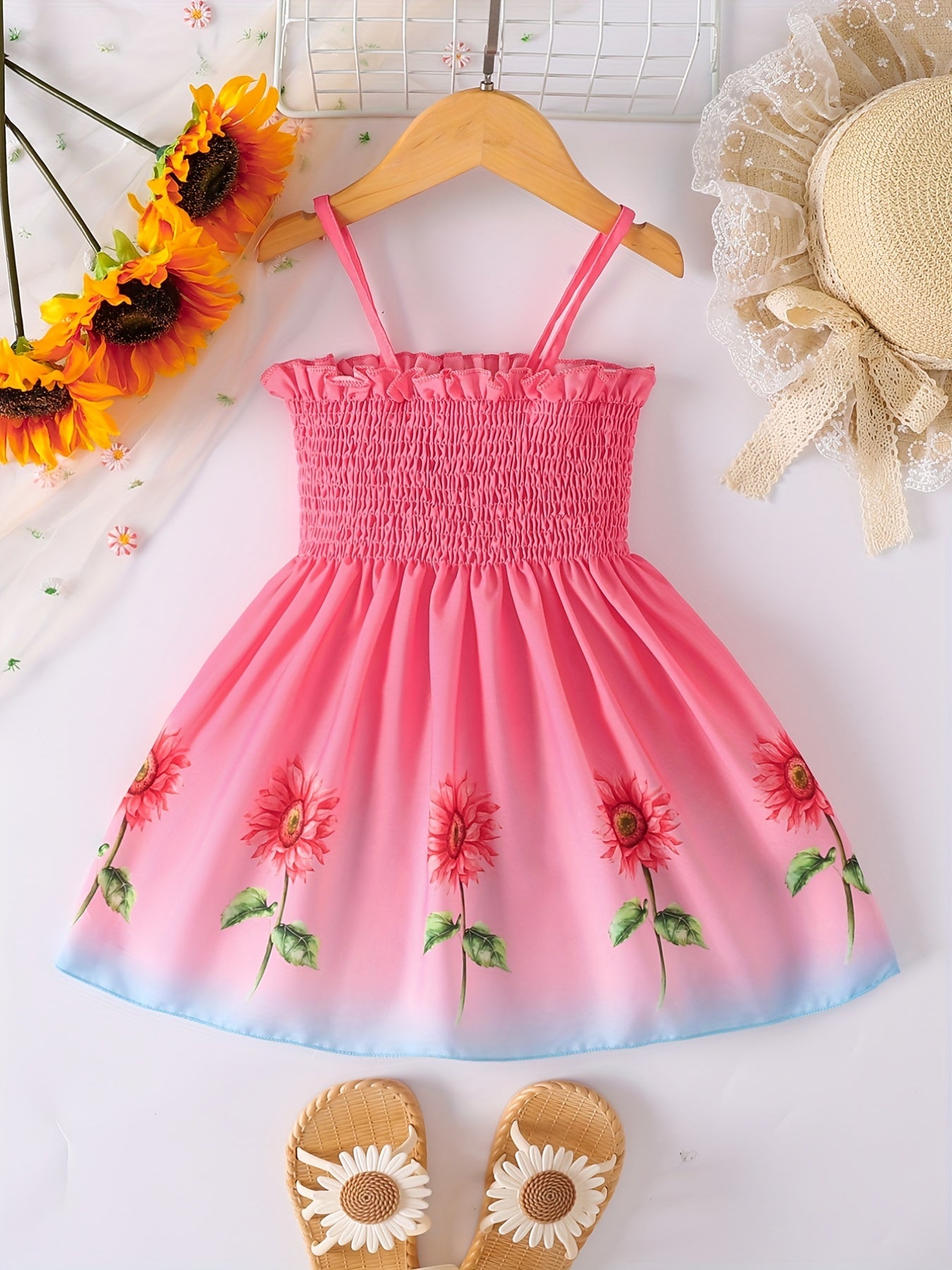 [Sunflower | Girls] Gradient Color Sunflower Princess Dress | Toddler Girls Shirred Cami Frill Trim | For Party Beach Vacation Kids Summer Clothes 4th Of July Outfit