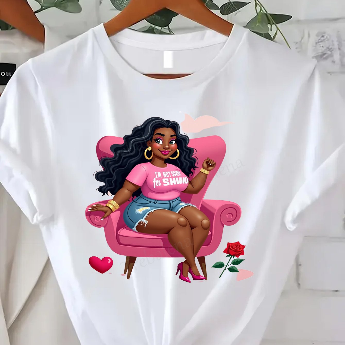 Plus Size, Trebalena Women's Plus Size Graphic T-Shirt - Sexy Curvy Lady in Pink Chair with Roses, Soft Breathable 100% Cotton Casual Everyday & Party Outfit - Perfect Halloween, Christmas, Birthday Gifts for Women - Non-See