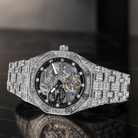 1pc Men'S Luxury Starry Sky Tourbillon Automatic Mechanical Watch with Golden-Tone & Starry Night - Self-Winding Mechanical Movement, 40mm Large Face, Without Battery