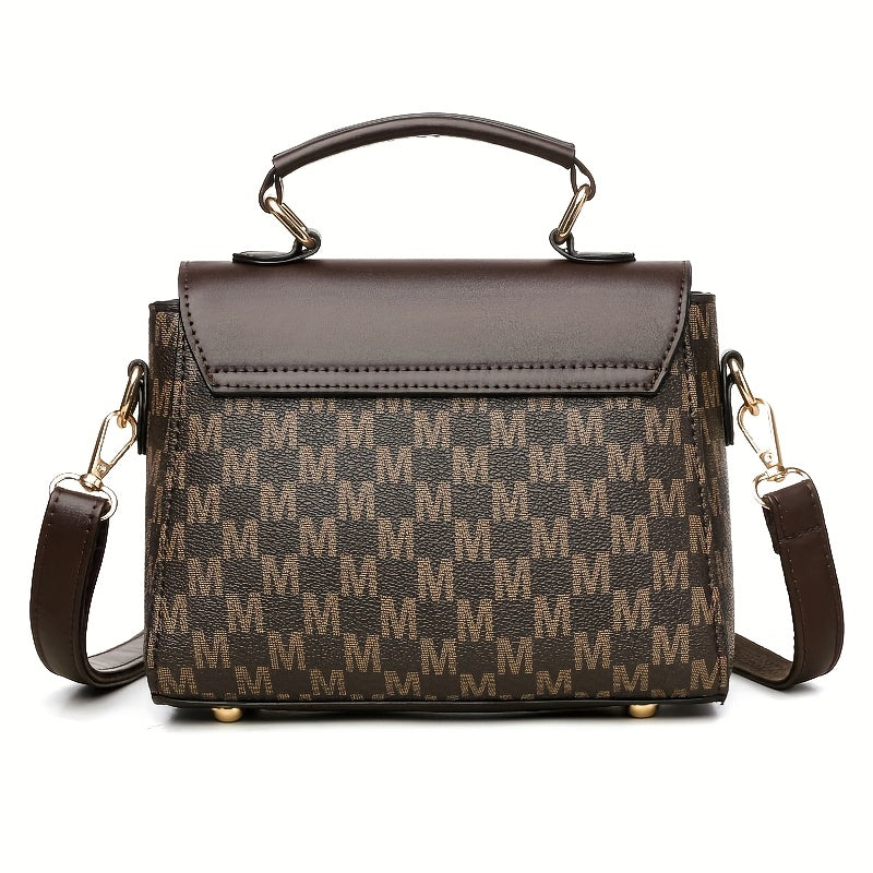 Vintage Geometric Women's Handbag - Large Capacity PU Shoulder Bag with Golden-Tone Hardware, Herringbone Pattern & Letter "M" Design, Detachable Strap, Perfect for Everyday Use (Light Brown/White/Black)