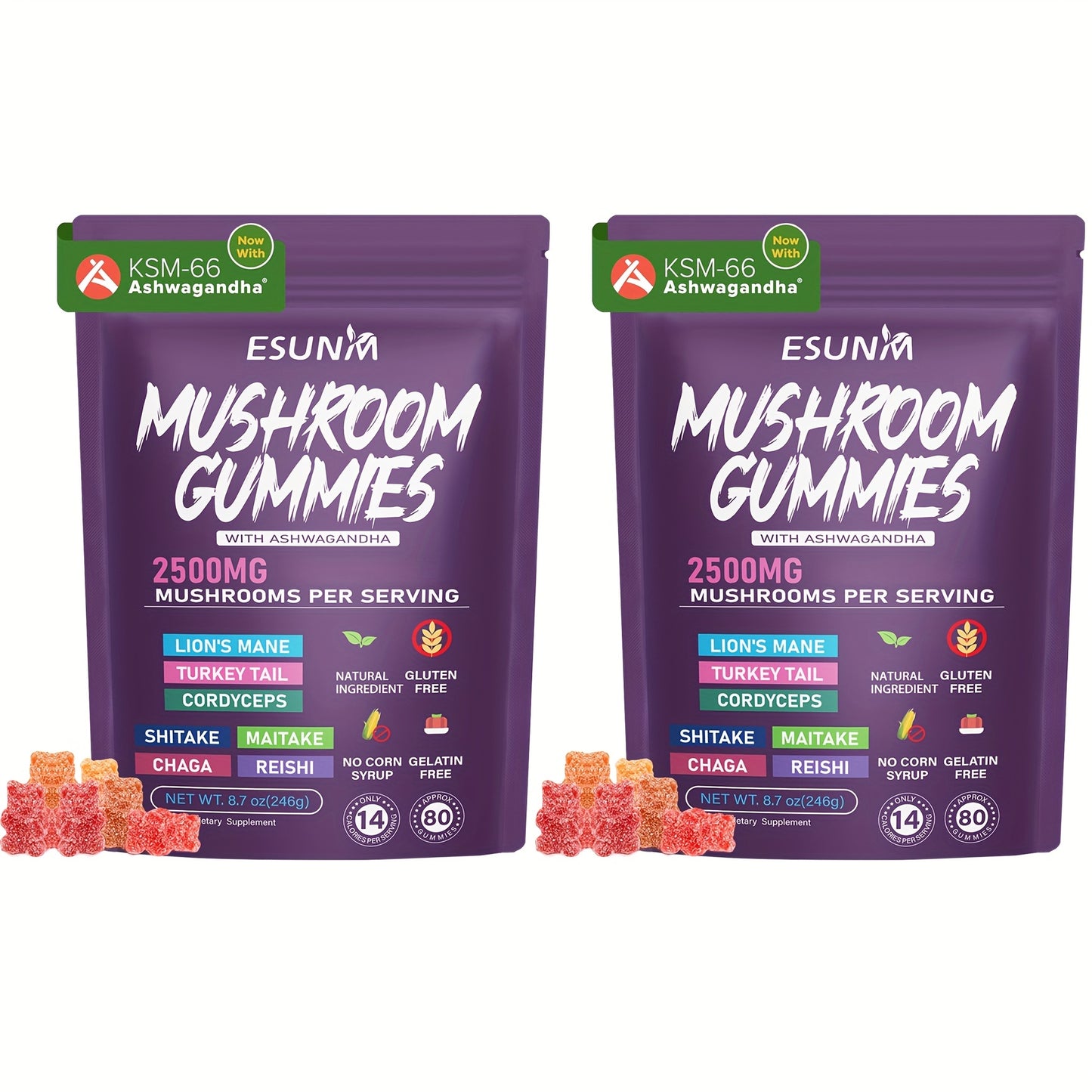 1/2/3/4 Bags of Lion's Mane Mushroom Gummies, Ashwagandha Gummies - Contains Ganoderma, Cordyceps, Turkey Tail, Dancer's Mushroom, Shiitake and Bupleurum, Low Carb, 80 Gummies per Bag, ESUNM