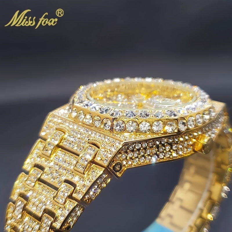 Hip Hop Ice Rhinestone Watch Men'S Fashion Date Quartz Large Dial Night Light Watch Luxury Stainless Steel Party Jewelry Men'S Watch