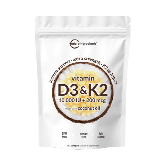 Micro Ingredients, Vitamin D3 10000 iu Plus K2 (MK-7) 200 mcg, 180 Virgin Coconut Oil Softgels| 2 in 1 Vitamins D & K Complex | Supports Calcium Absorption, Bone, Immune, & Heart Health – Easy to Swallow | Local Warehouse