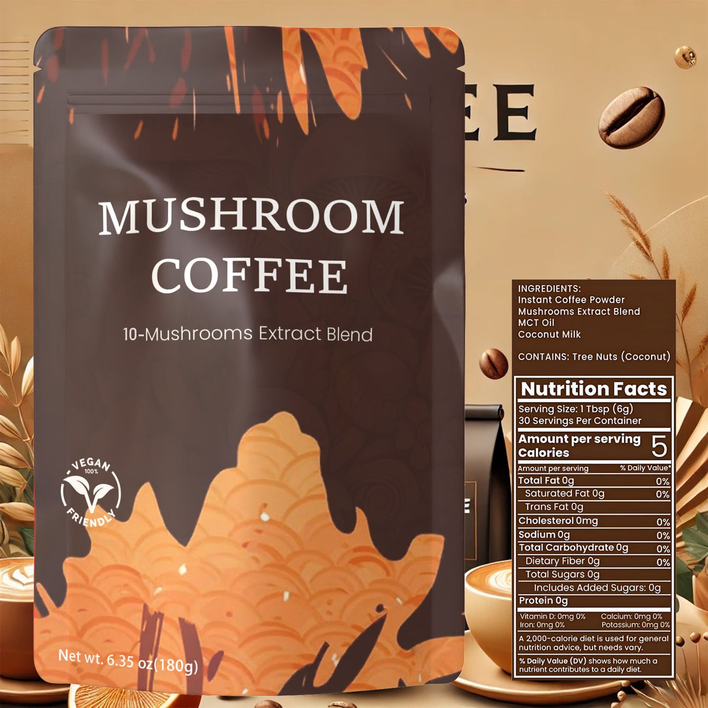 10-in-1 Mushroom Coffee – A Delightfully Balanced and Flavorful Blend, Crafted for a Smooth and Enjoyable Taste in Every Sip.6.35 oz