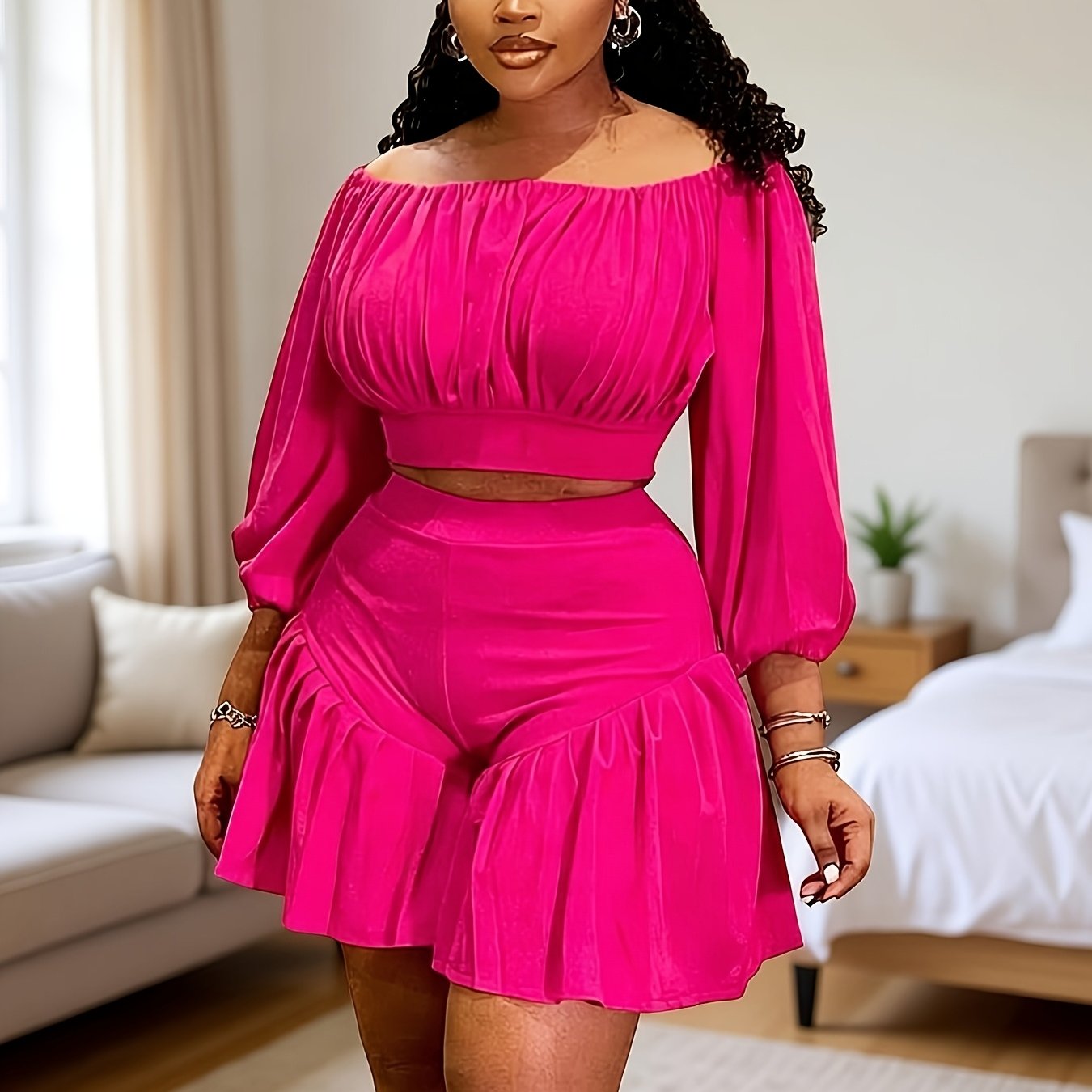 Plus Size - Plus Size - New Fluffy Waist-Cinching Casual Two-Piece Set with Pleated One Neck Design