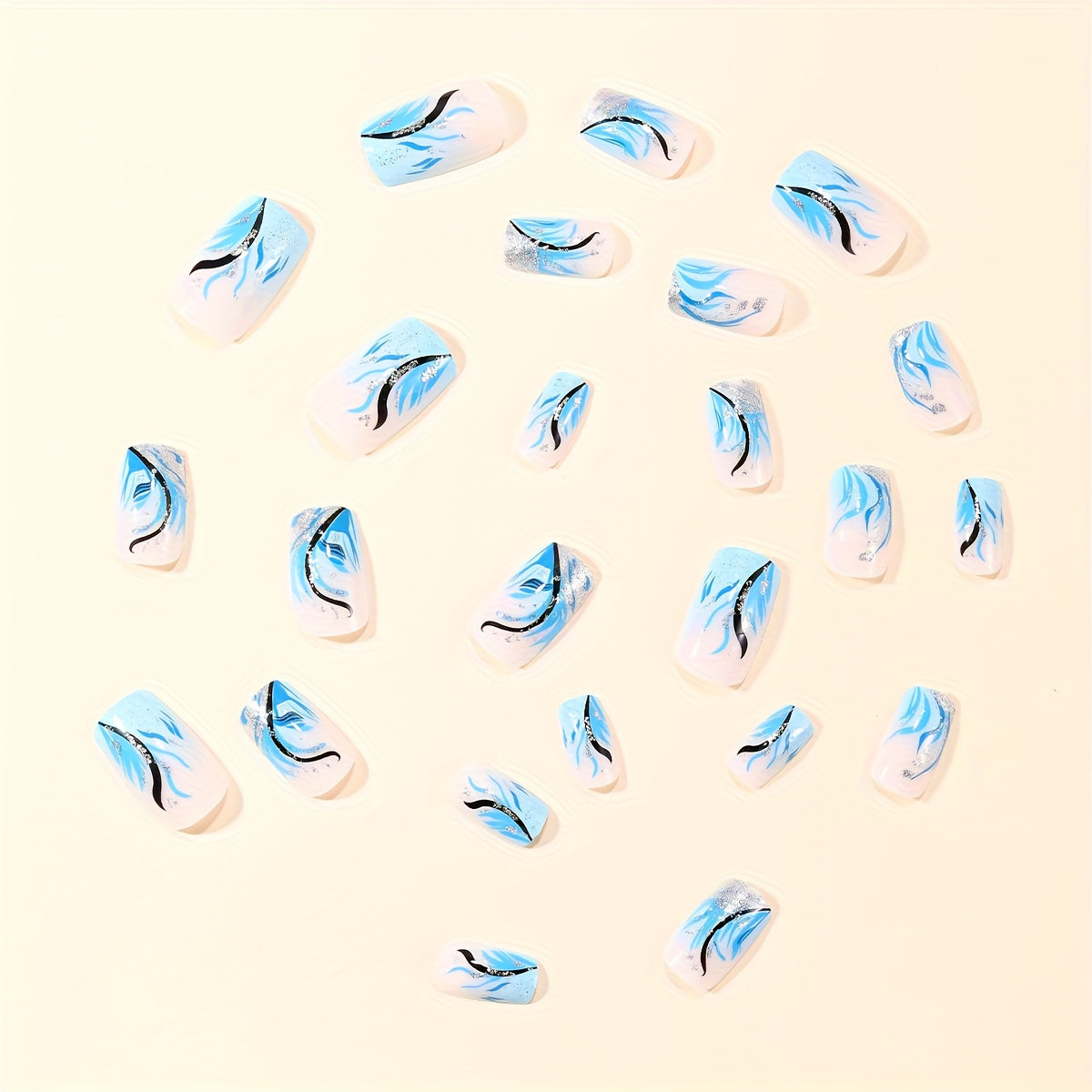 24pcs Full Coverage False Nails Press - Gradient Blue Ombre Square Medium Length with Irregular Plant Line Designs & Shiny Glossy, Nail Art Suitable for Women for Daily Wear & Parties