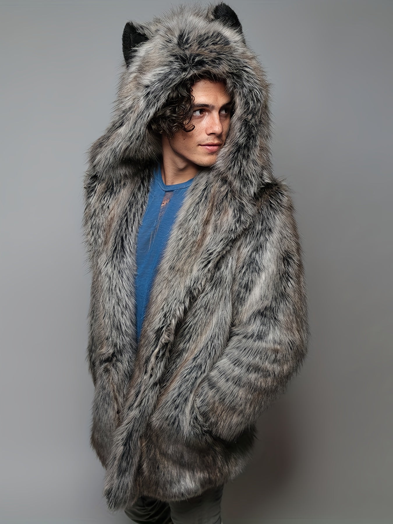 Men'S Luxury Faux Fur Coat - Mid-Length Mink-Like Jacket, Thick Windproof Winter Outerwear with Hood & Full-Zip Closure, Cozy Warm Lining, Casual Loose Fit Streetwear, Geometric Pattern, Lining, Autumn/Winter Jacket for Men (