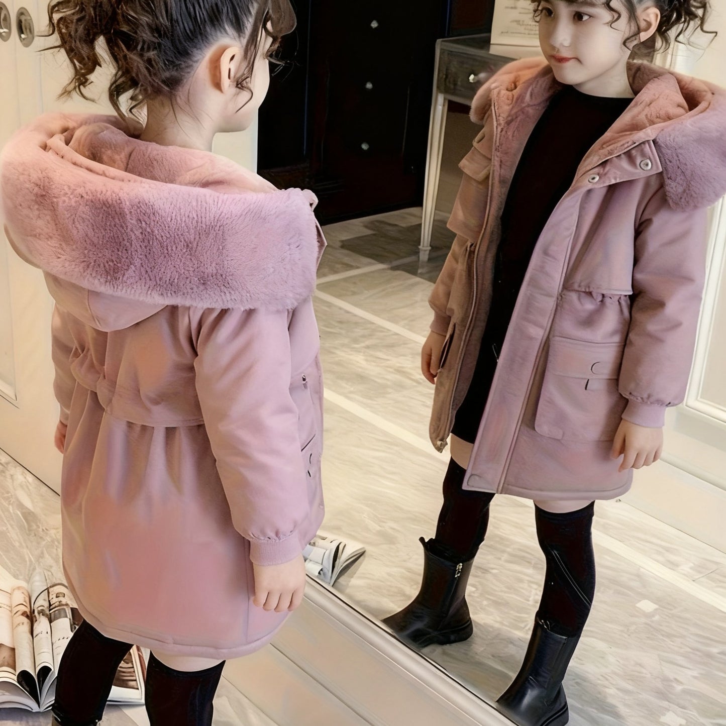 Girls' Winter Parka | 2025 New Fashion Thickened Plush Hooded Midi Coat with Zipper, Suitable for Ages 3-12