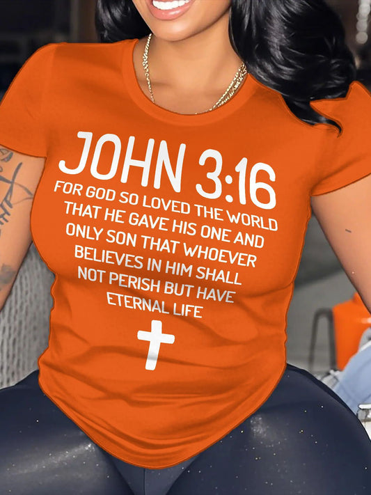 Plus Size - Plus Size Women'S "John 3 16 Bible Verse Scripture Christians" Print Summer T-Shirt | Soft Breathable Fabric | Casual Short Sleeve Round Neck Tee | Summer Vacation Clothing | Size 0XL-5XL - Coral - Black - Rose Re