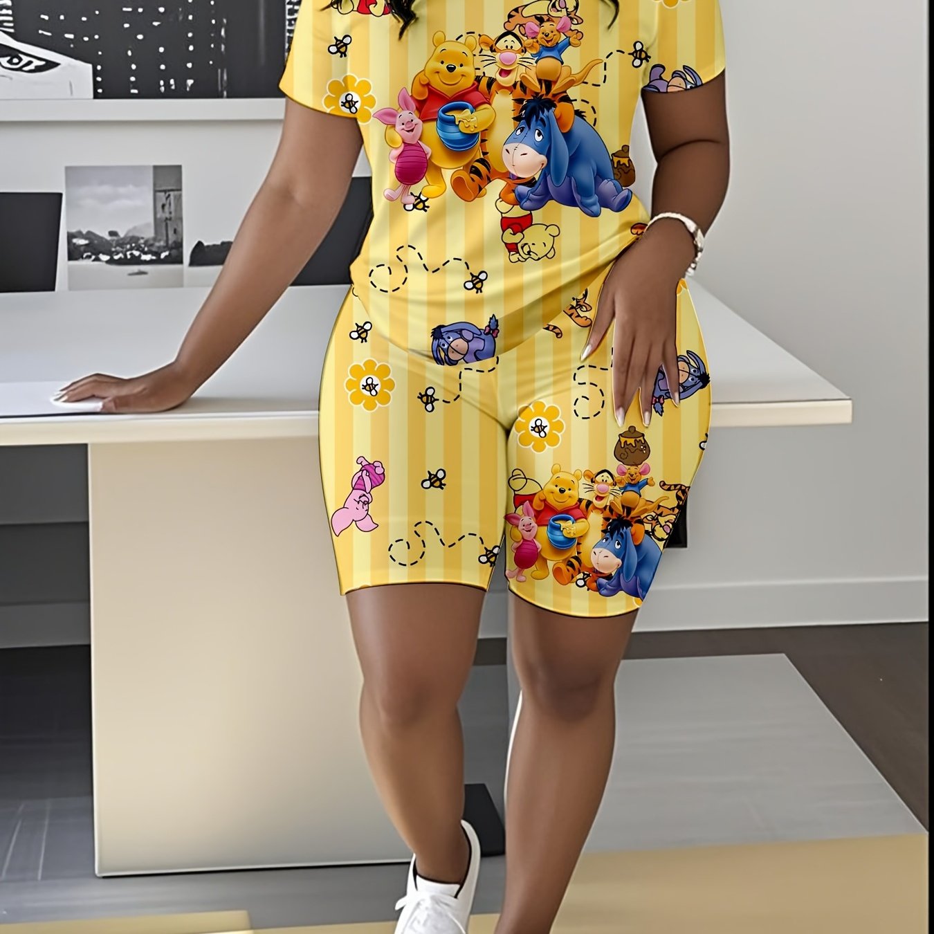 Large Size Disney Winnie The Pooh Women'S Sports Suit, Short-Sleeved Round Neck Top And Sports Shorts Set, Large Size Women'S Suit, Loose And Comfortable Sports Suit
