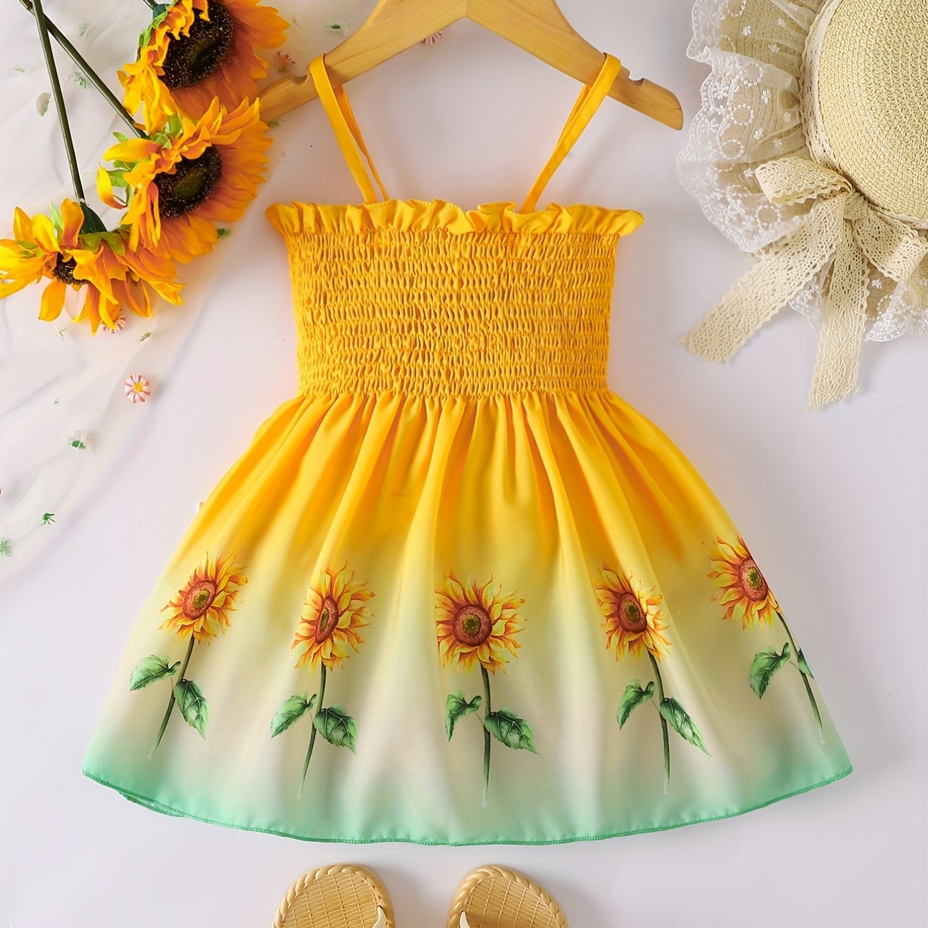 [Sunflower | Girls] Gradient Color Sunflower Princess Dress | Toddler Girls Shirred Cami Frill Trim | For Party Beach Vacation Kids Summer Clothes 4th Of July Outfit