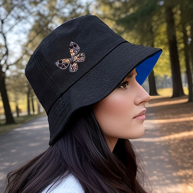 A Stylish And Versatile Bucket Hat Adorned with Rhinestone Butterflies, Lightweight And Washable - Perfect for Outdoor Female Travel, Everyday Wear, And Street Style