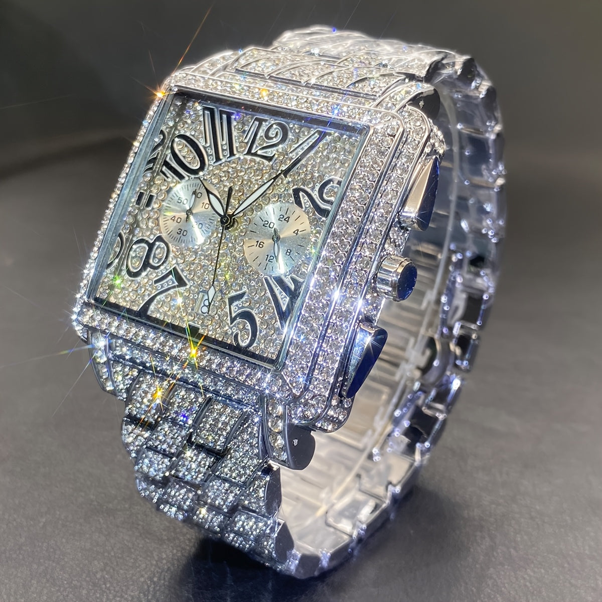 MISSFOX Men'S Luxury Hip-Hop Watch - Golden-Tone Quartz Movement with Date/Calendar, Square Dial & Roman Numeral Display, Sparkling Rhinestone Bezel, Battery-powered Formal/casual Wristwatch For Everyday & Special Events - Id