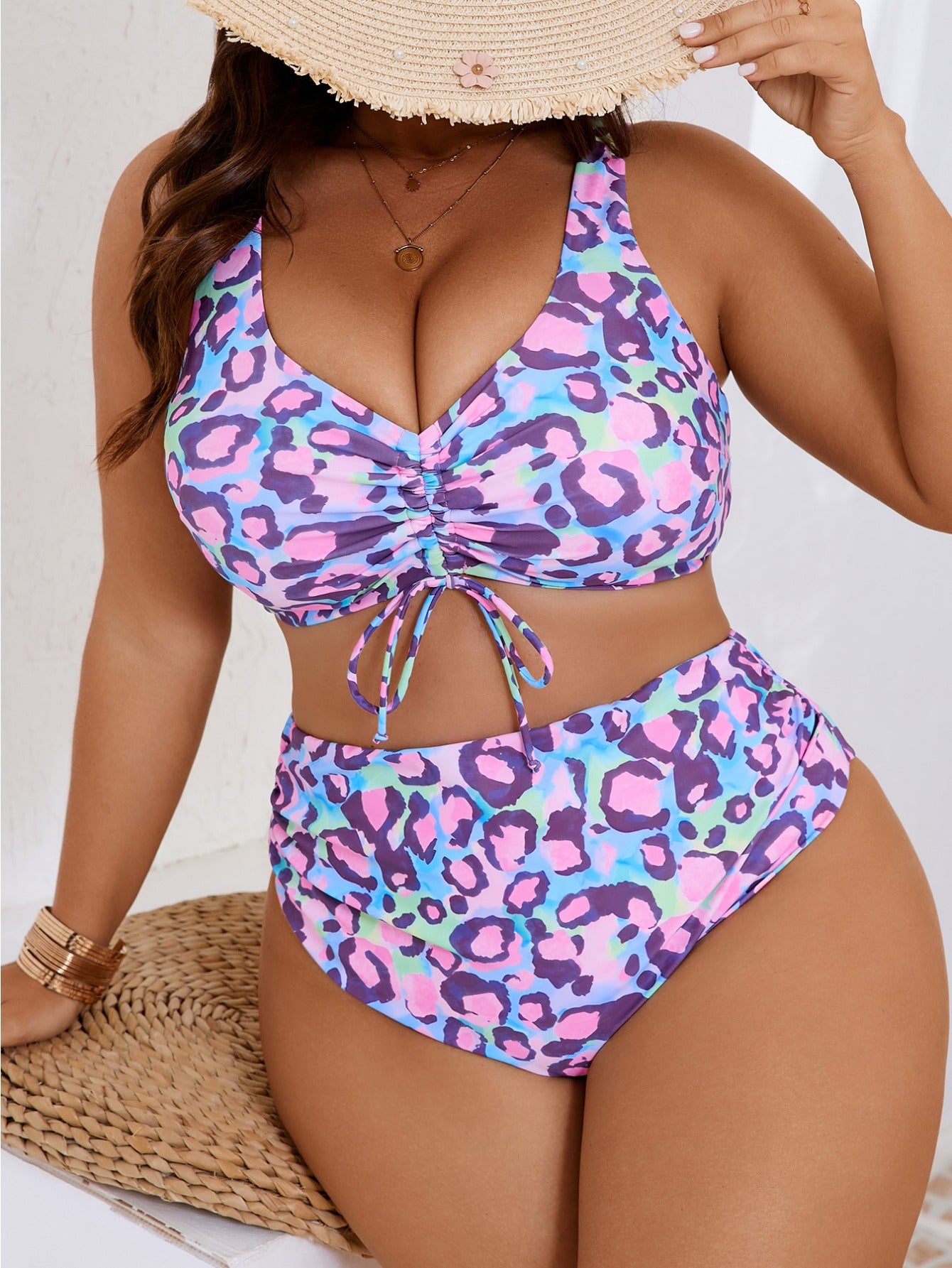 Plus Size Women'S Leopard Print Two-Piece Bikini Set | Sexy V-neck Push-Up Style with Retro High-Waisted Design, Front Tie-Up Ruffle Detailing Exudes Fashionable Charm