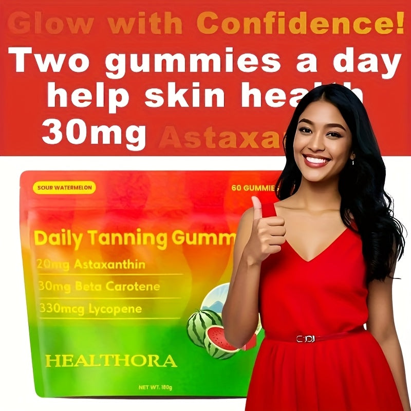 60 Daily Tanning Gummies with Astaxanthin, Tomato Lycopene & Beta-Carotene - 30-Day Supply, Hypoallergenic, 30mg Astaxanthin, 50mg Niacinamide, 125mg Cholecalciferol, 8000mg Beta Carotene, Summer Glow Supplement, Fruit Antiox