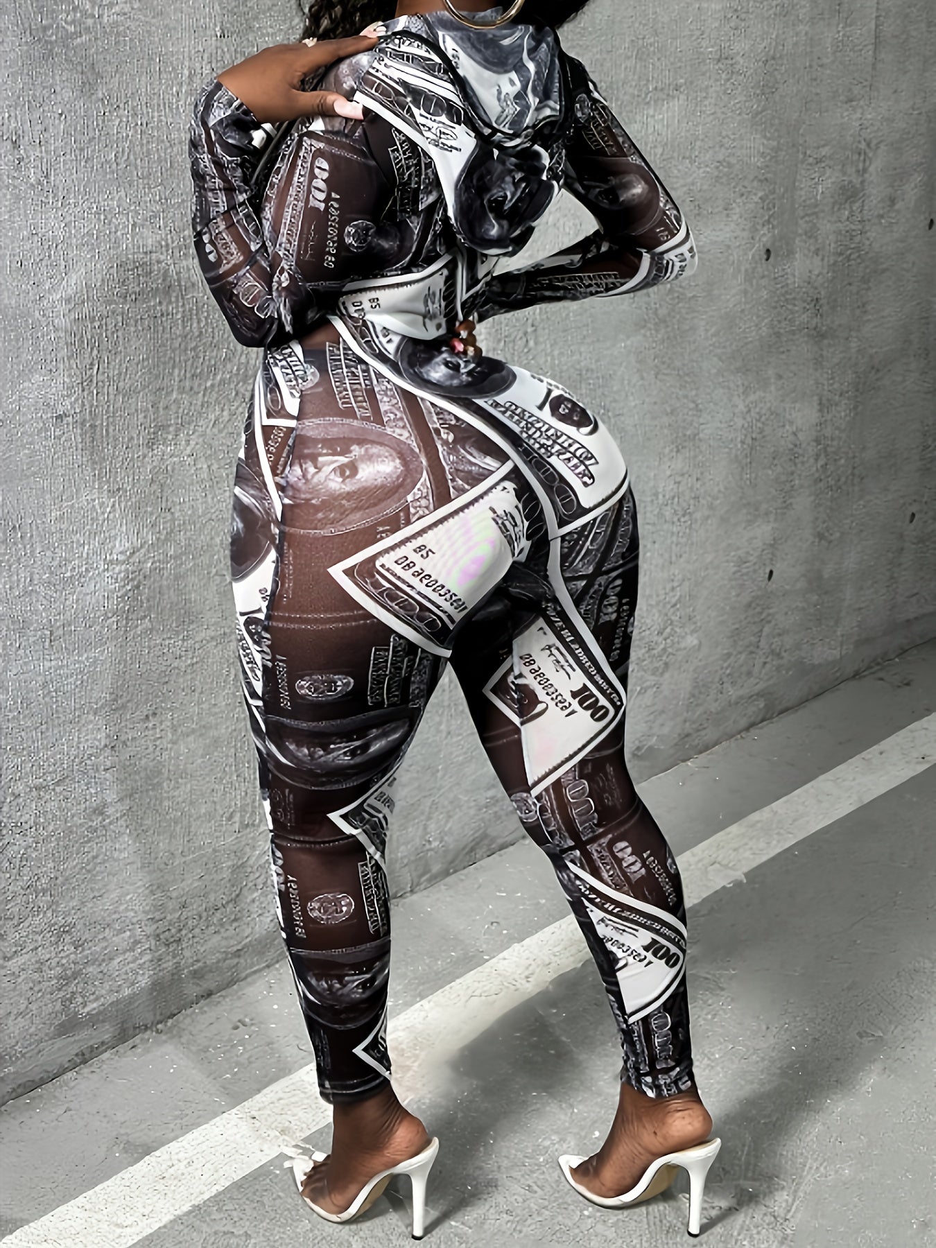 Full Lace Printed Fitted Jumpsuit, Ruched Neckline with Bag, Body-hugging Design, Stunning Neckline Back. The Wearable Face Body Wraps are Suitable for Women at All Ages, Making Anyone Smaller and Lovelier.