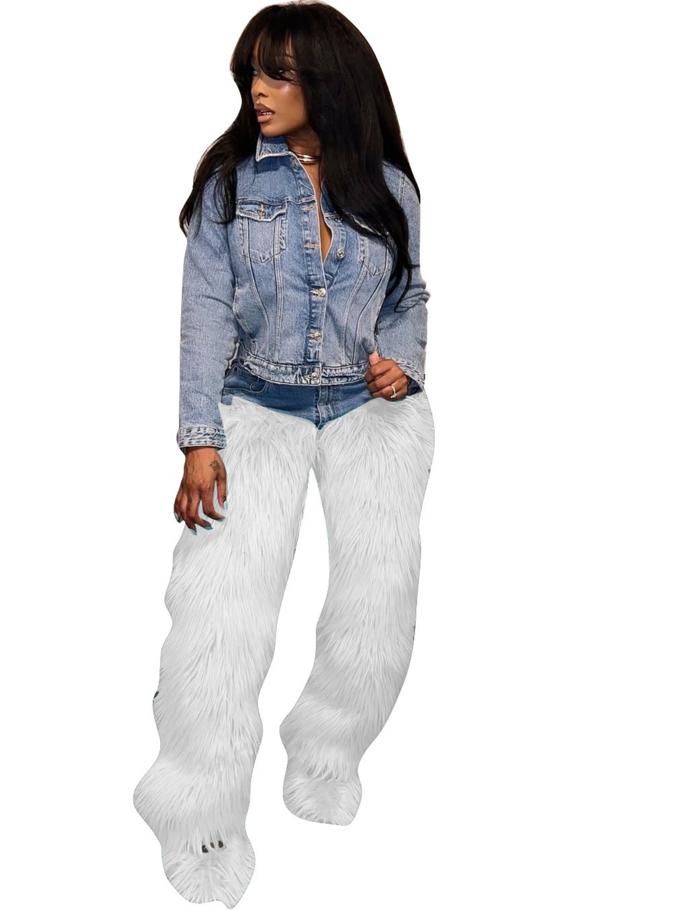 Women'S High-Waisted Wide-Leg Jeans with Faux Fur Trim & Washed Denim - Elastic Waist Casual Pants, Light Distressed Hem, Non-Stretch Durable Fabric for Spring/Fall Outfits, Everyday to Semi-Formal Wear (No Belt Loops) - Vers