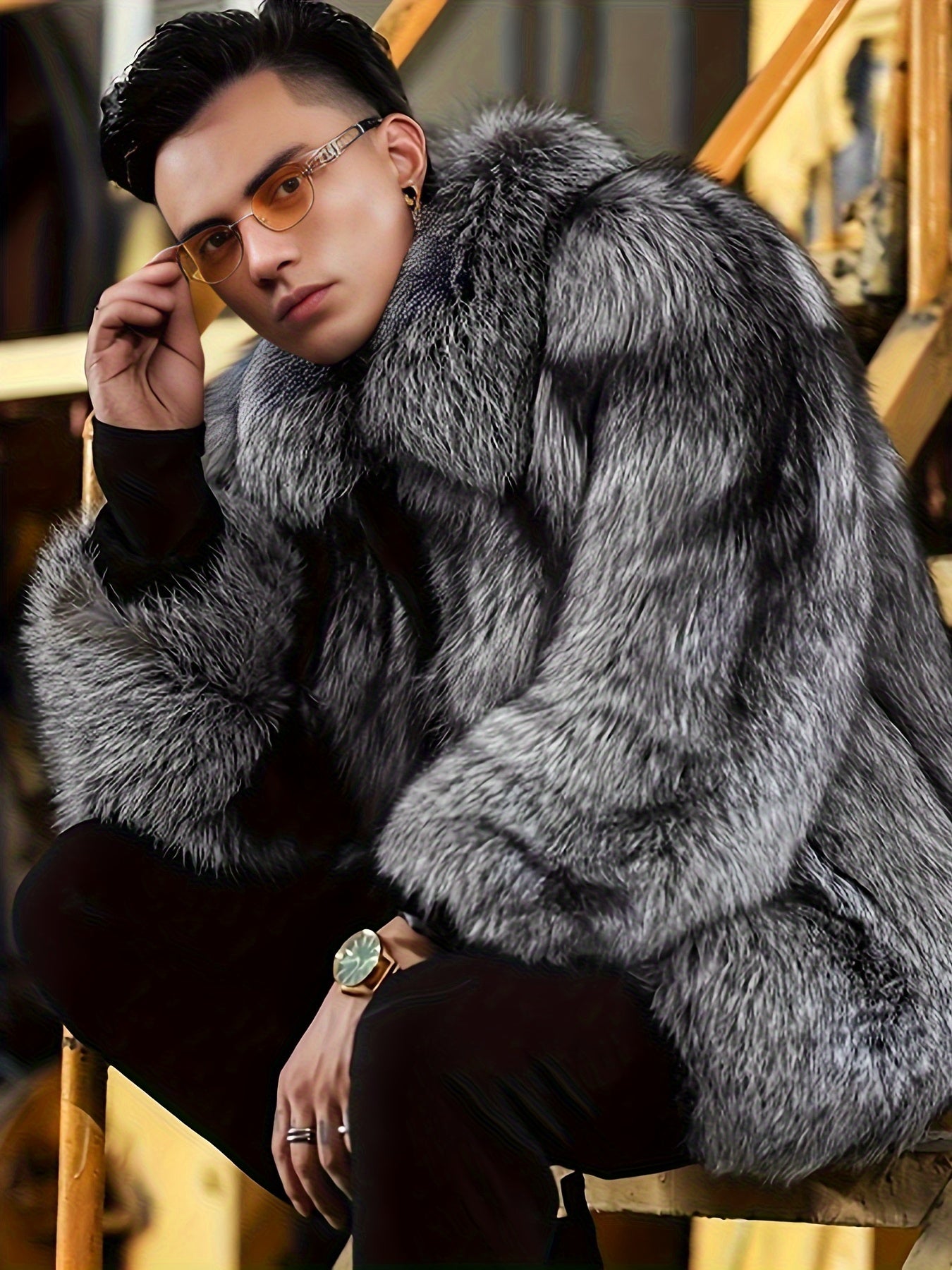 Men'S Faux Fur Coat with Imitation Fur Lining, Square Neck Zipper Short Winter Windproof Warm Loose Casual Jacket for Young Style