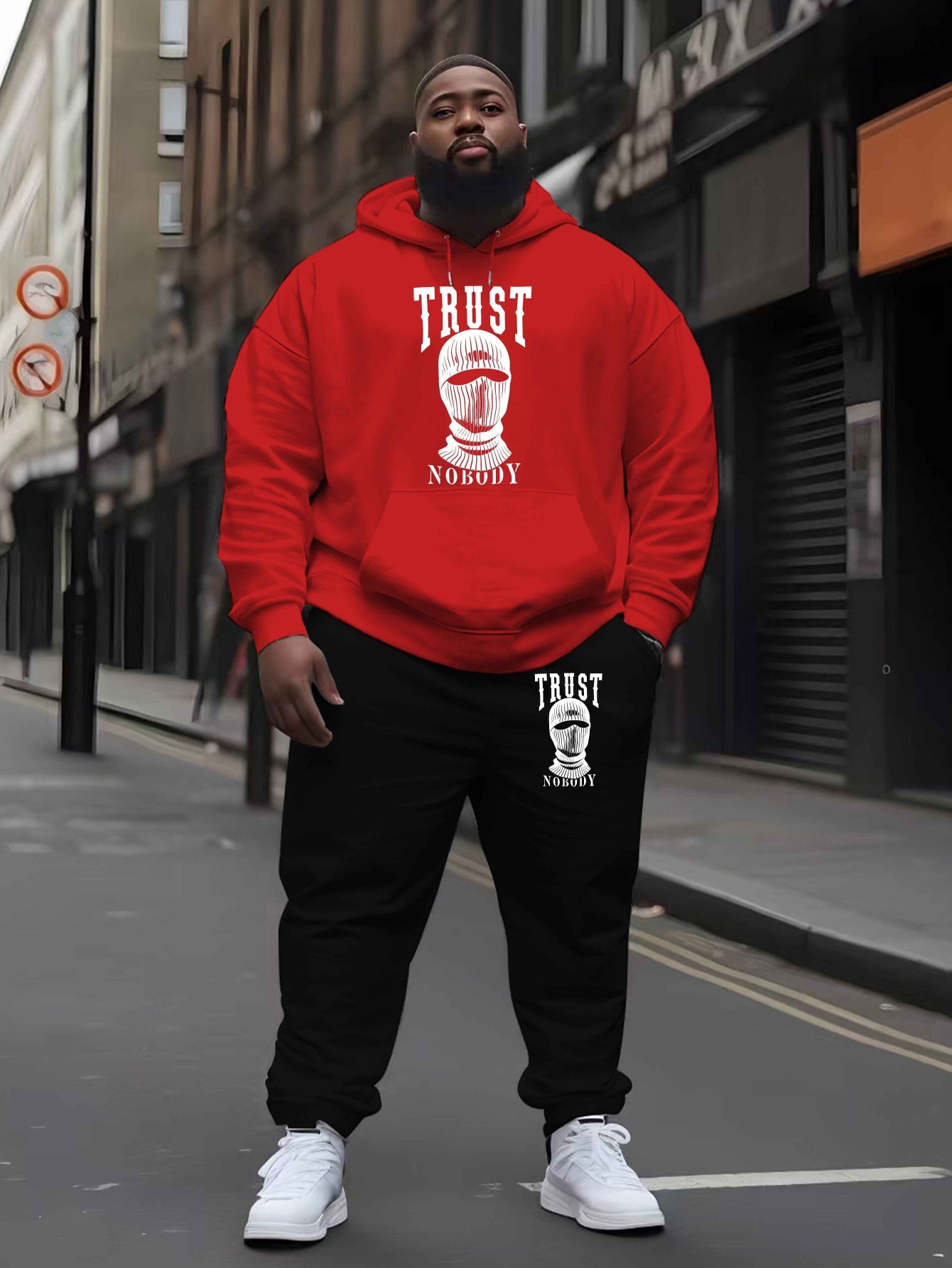 Trust Nobody Men's Large Size Autumn and Winter Hooded Sweatshirt Set New Men's Trendy Printed Drawstring Hoodie Casual Sports Top Set, PLUS SIZE