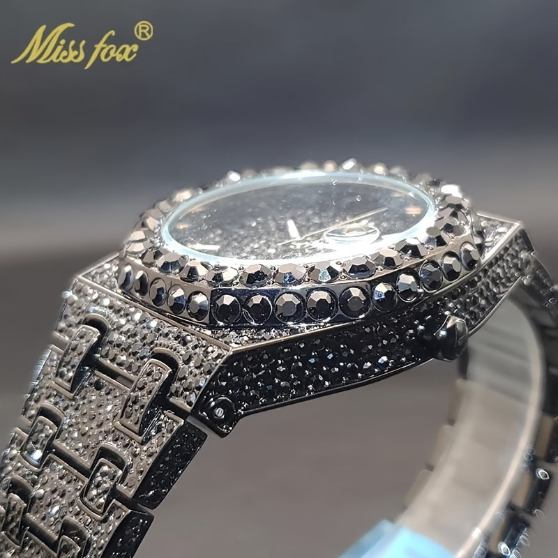 Hip Hop Ice Rhinestone Watch Men'S Fashion Date Quartz Large Dial Night Light Watch Luxury Stainless Steel Party Jewelry Men'S Watch