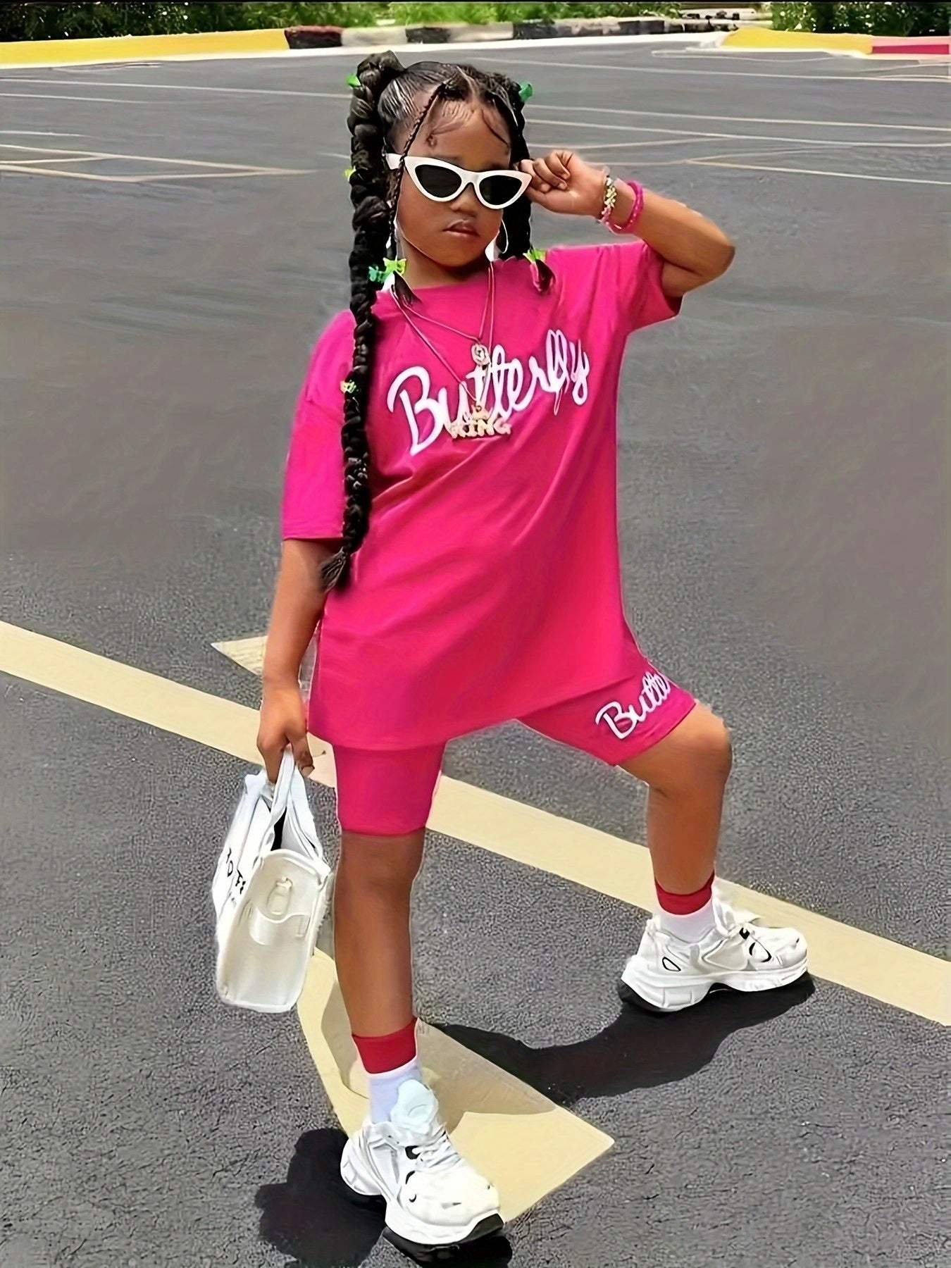 Girls' Cool Street Style, Loose Short Sleeve and Shorts Set with Butterfly Letter Print, Perfect for Outdoor Wear, Ideal for Outdoor Activities, Perfect for Outdoor
