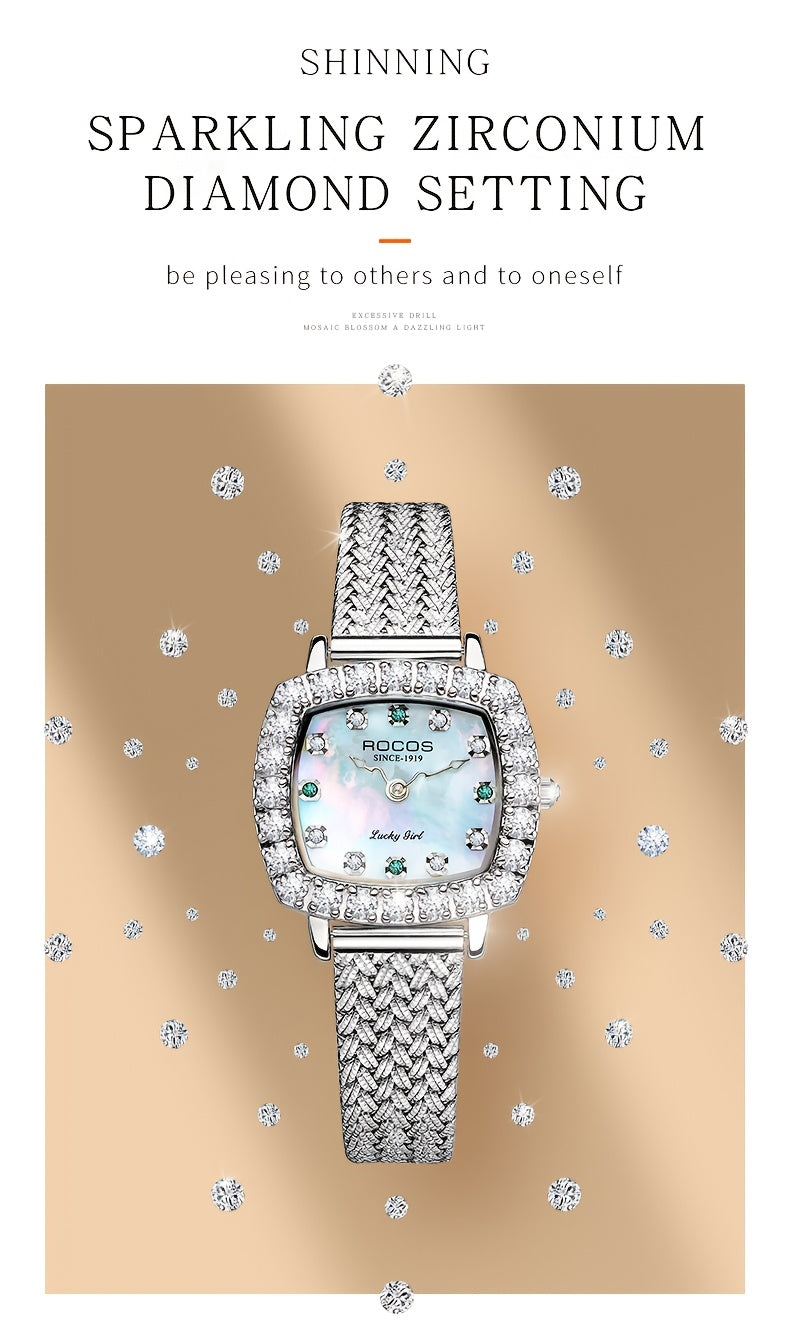 ROCOS Heartwarming Signal Series Fashion Luxury Women'S Watches Square Simple Wristwatch Elegant Rhinestones Watches For Women Quartz Watches Love Heart Hands Dazzling Colour Dial Silvery Steel Strap Gifts For Women R0264