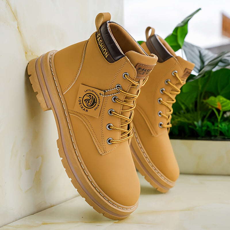 [Heavy-Duty Work Boots] Men's Heavy-Duty Work Boots - All-Terrain Non-Slip PVC Sole, Lace-Up Ankle Support Boots for Construction, Hiking, Outdoor - Cushioned Insole & Easy-Clean Synthetic - All-Season Industrial & Casual Sho