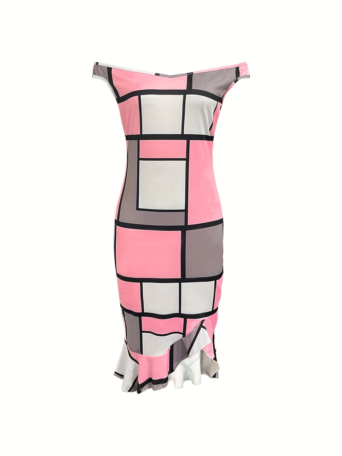 Chic Off-Shoulder Plaid Midi Dress for Women -  & Black Geometric Print, Ruffled Hem, Sleeveless A-Line Dress for Spring/Summer, Perfect for Casual or Office Wear, Spring Summer Dress | Geometric Print Dress | Polyester Fabri