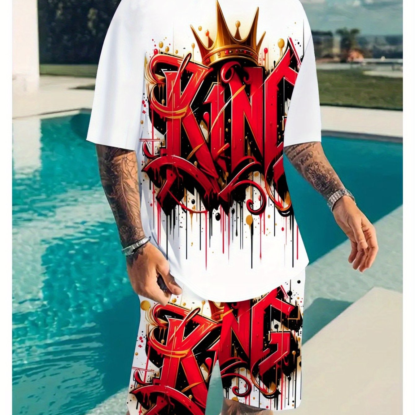 3D Crown KING Letters Pattern Full-body Printed Men'S Short-sleeved T-shirt +shorts Set Casual Summer Men'S Fashion 2pcs Sportswear Athletic Wear Men Round Neck and Short Sleeves Outfits Suits Regular Choice for Daily Fitness